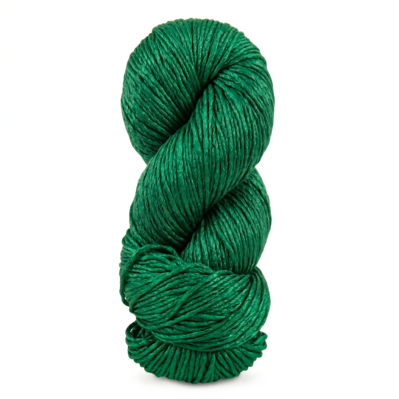 Deep Green Revolution Fibers Regal Mulberry Silk Yarn photographed in the branded hero pose to show its saturated jewel-tone color and silk shine.