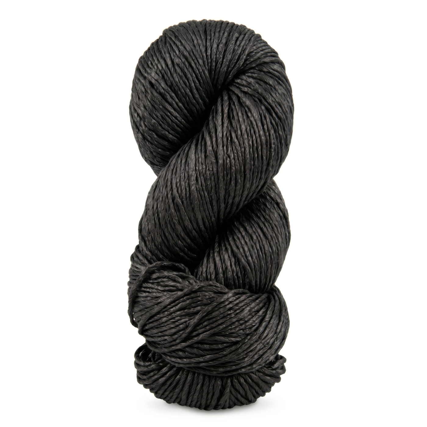 Revolution Fibers Regal Mulberry Silk Yarn in Midnight Black, photographed to highlight the dark silk color, subtle sheen, and smooth spun singles structure.