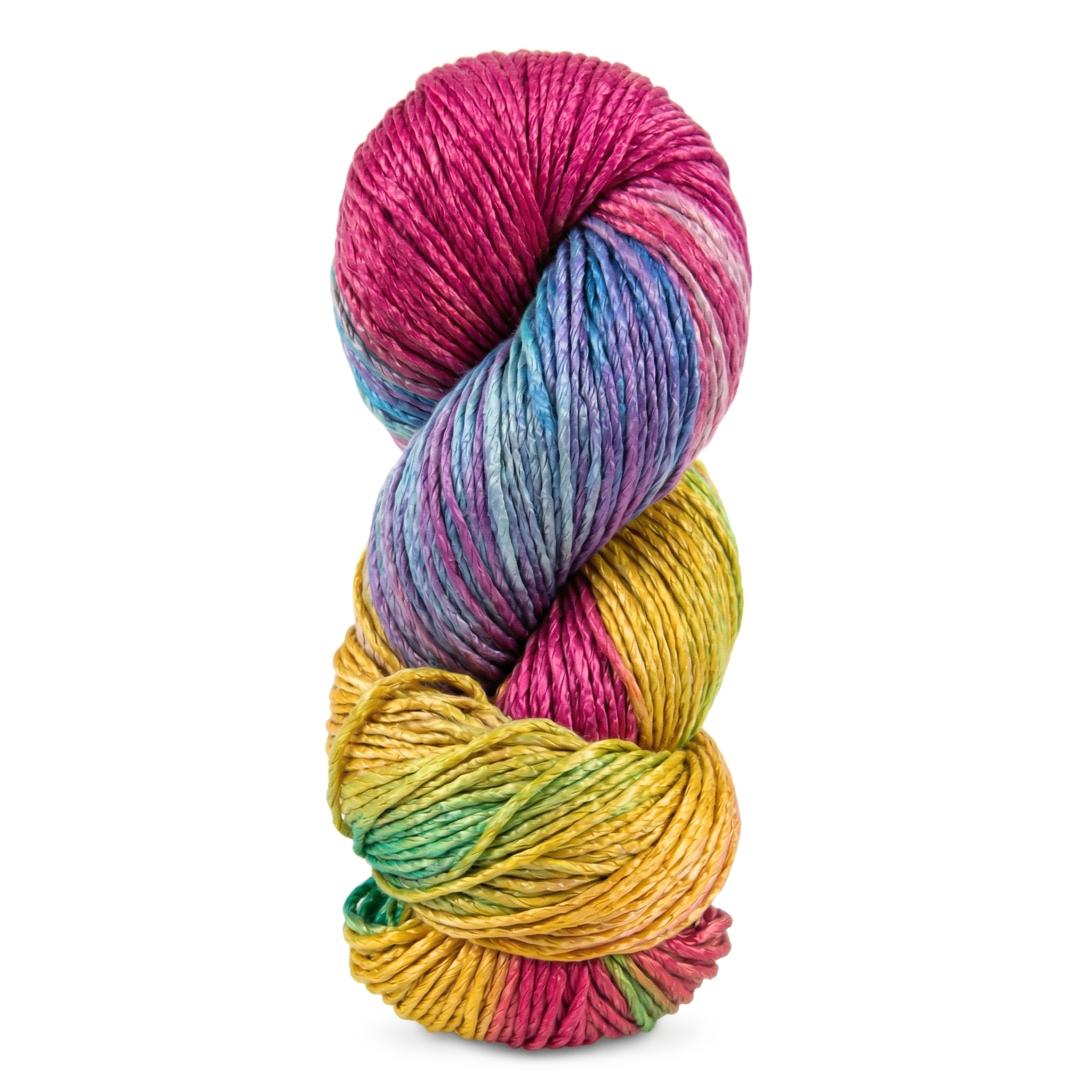 Multicolor Unicorn skein of Revolution Fibers Regal Mulberry Silk Yarn showing vivid pink, yellow, aqua, and violet tones in a hand-dyed rainbow silk palette.