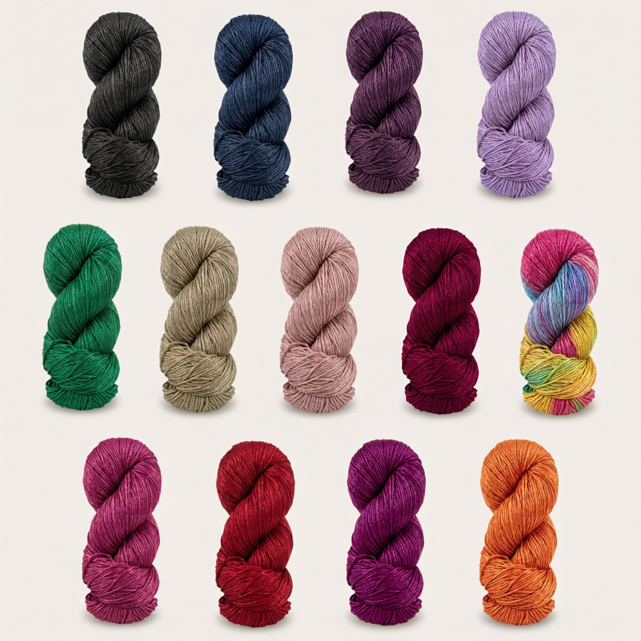 Revolution Fibers Regal Mulberry Silk Yarn color lineup shown in a premium grouped product image featuring all available worsted weight silk colorways.