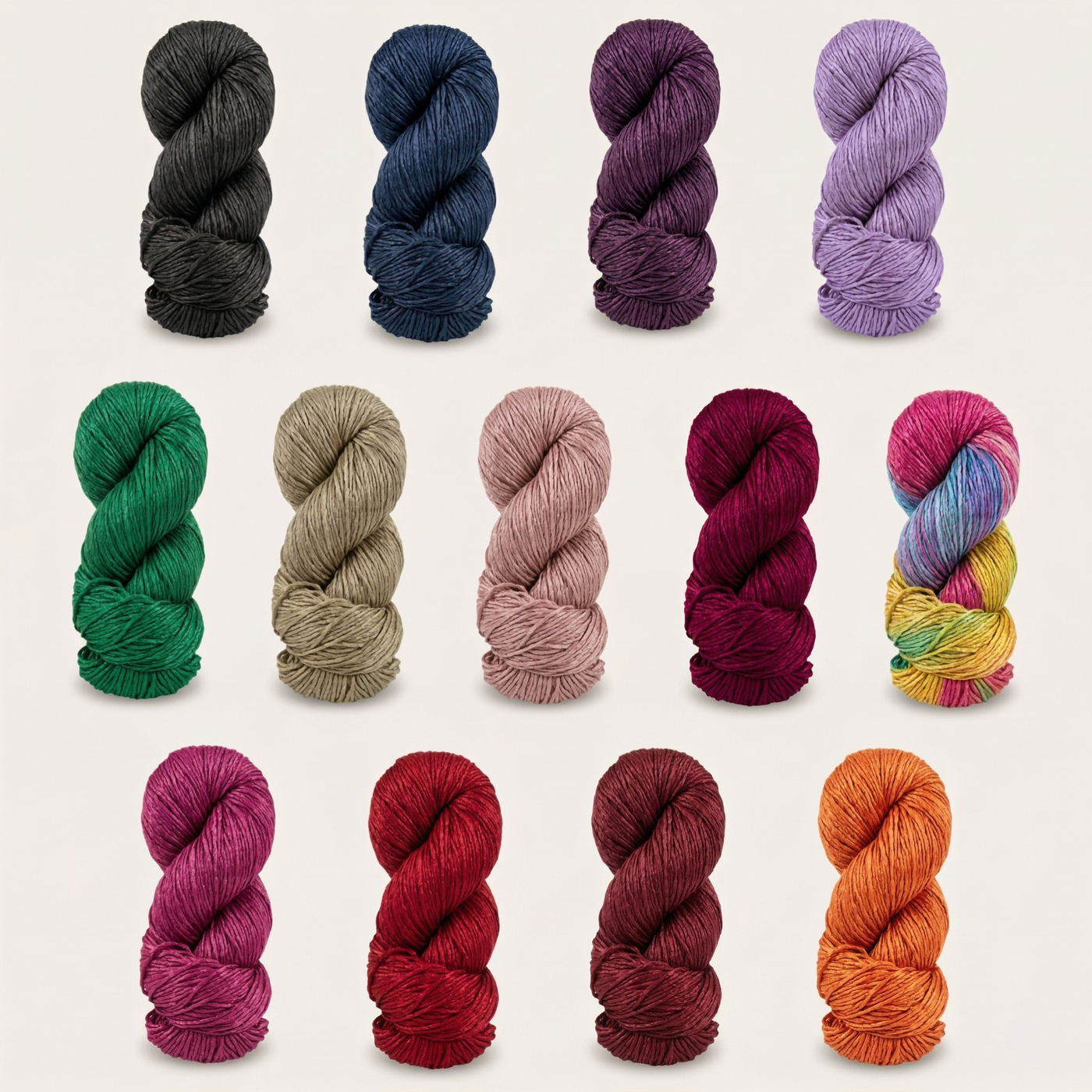 Revolution Fibers Regal Mulberry Silk Yarn color lineup shown in a premium grouped product image featuring all available worsted weight silk colorways.