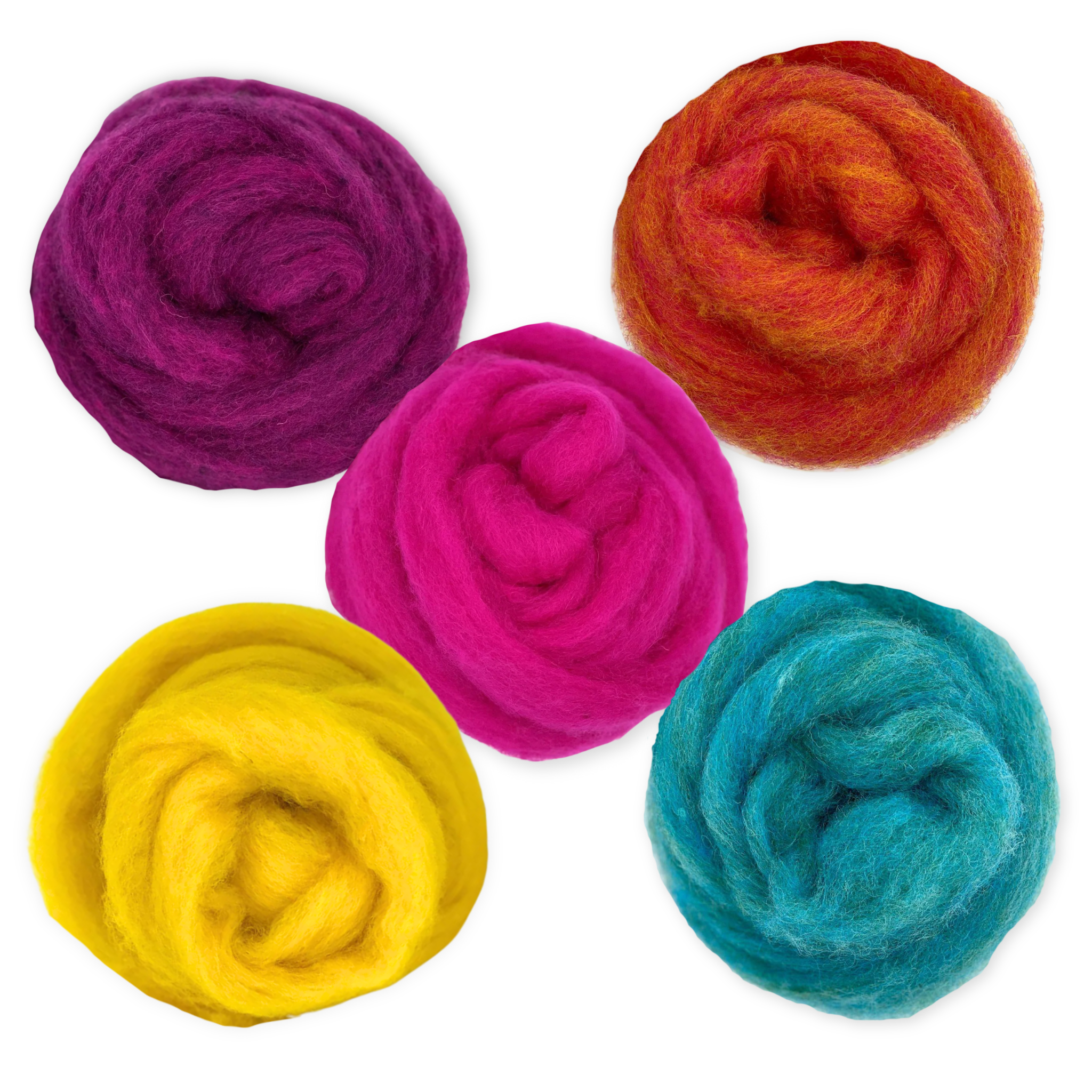 Retro Pop Carded Corriedale Wool Sliver Variety Pack by Revolution Fibers – Group photo of five bold colors for felting, spinning, weaving, and fiber art projects