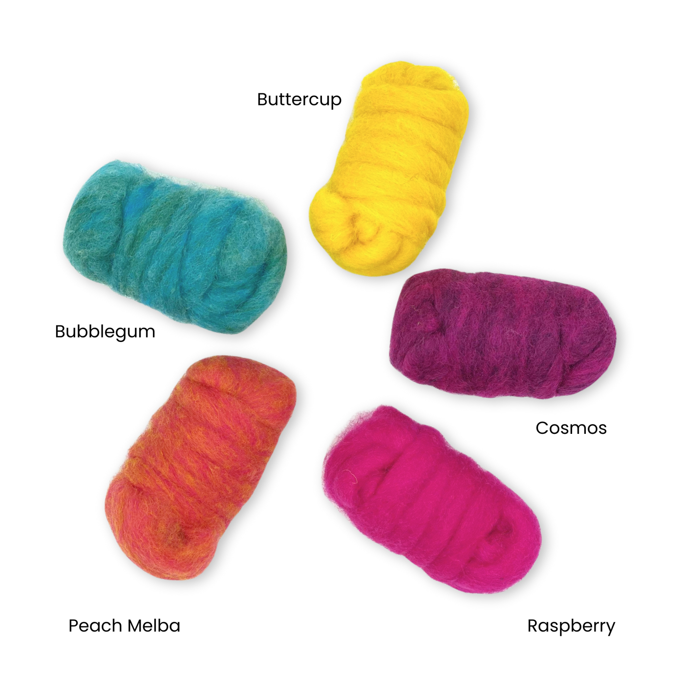Labeled colorway chart of Revolution Fibers Retro Pop Carded Corriedale Wool Sliver Variety Pack – Bubblegum, Buttercup, Cosmos, Peach Melba, and Raspberry