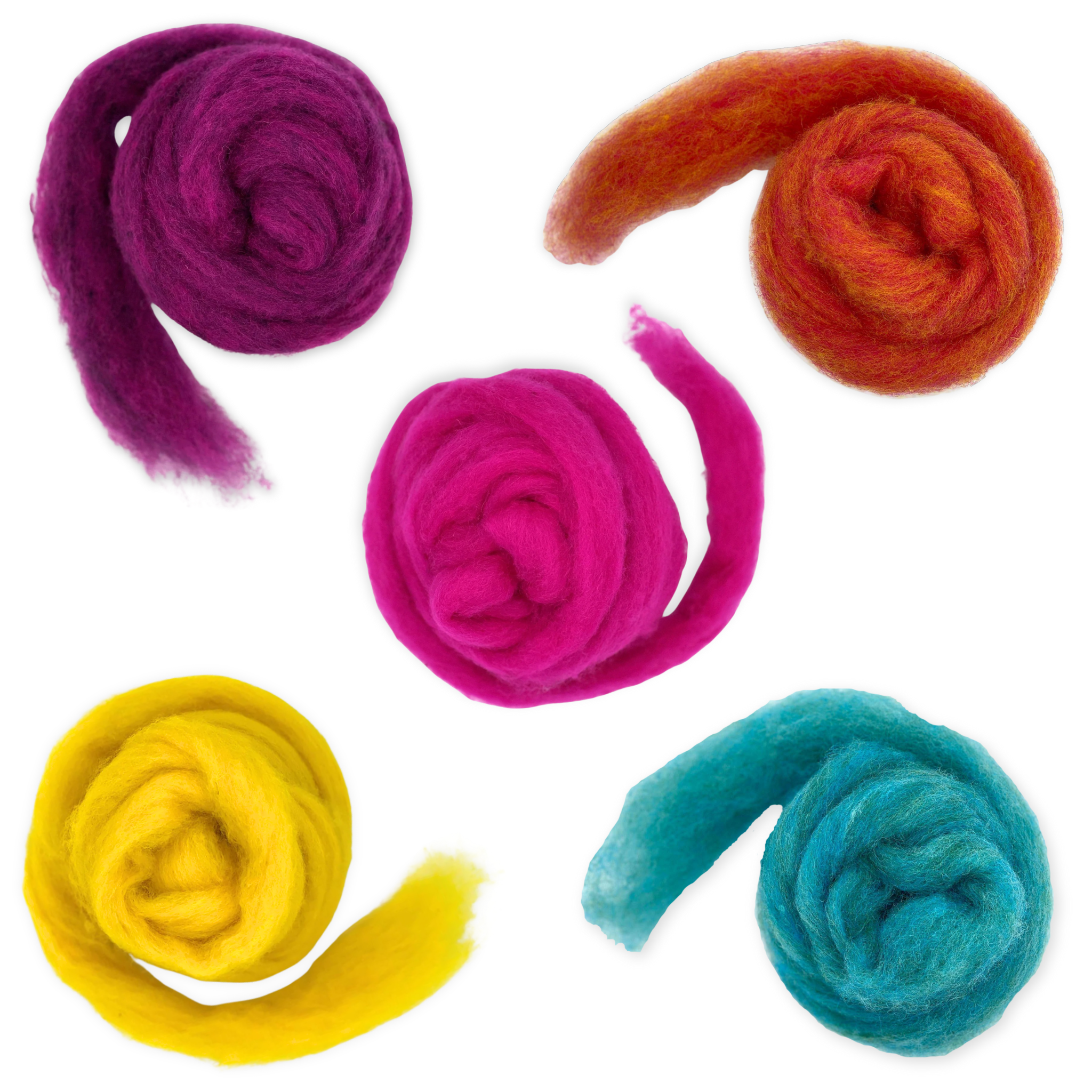 Revolution Fibers Retro Pop Carded Corriedale Wool Sliver Variety Pack – group image showing fiber rolls with pulled tails, perfect for felting, spinning, weaving