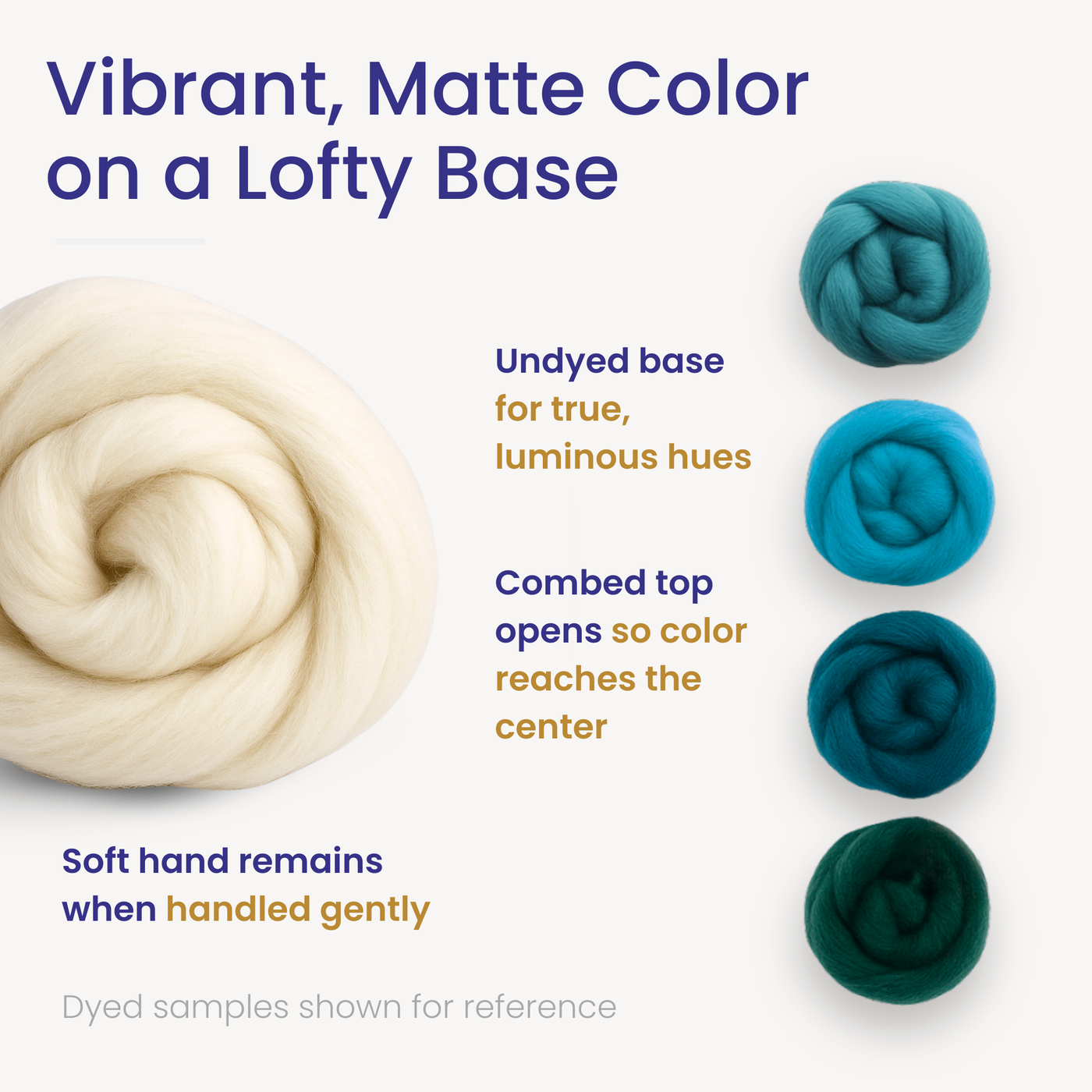 Revolution Fibers infographic showing undyed and dyed Targhee wool top bundles, highlighting luminous hues, even color saturation, and soft hand for dyeing projects.