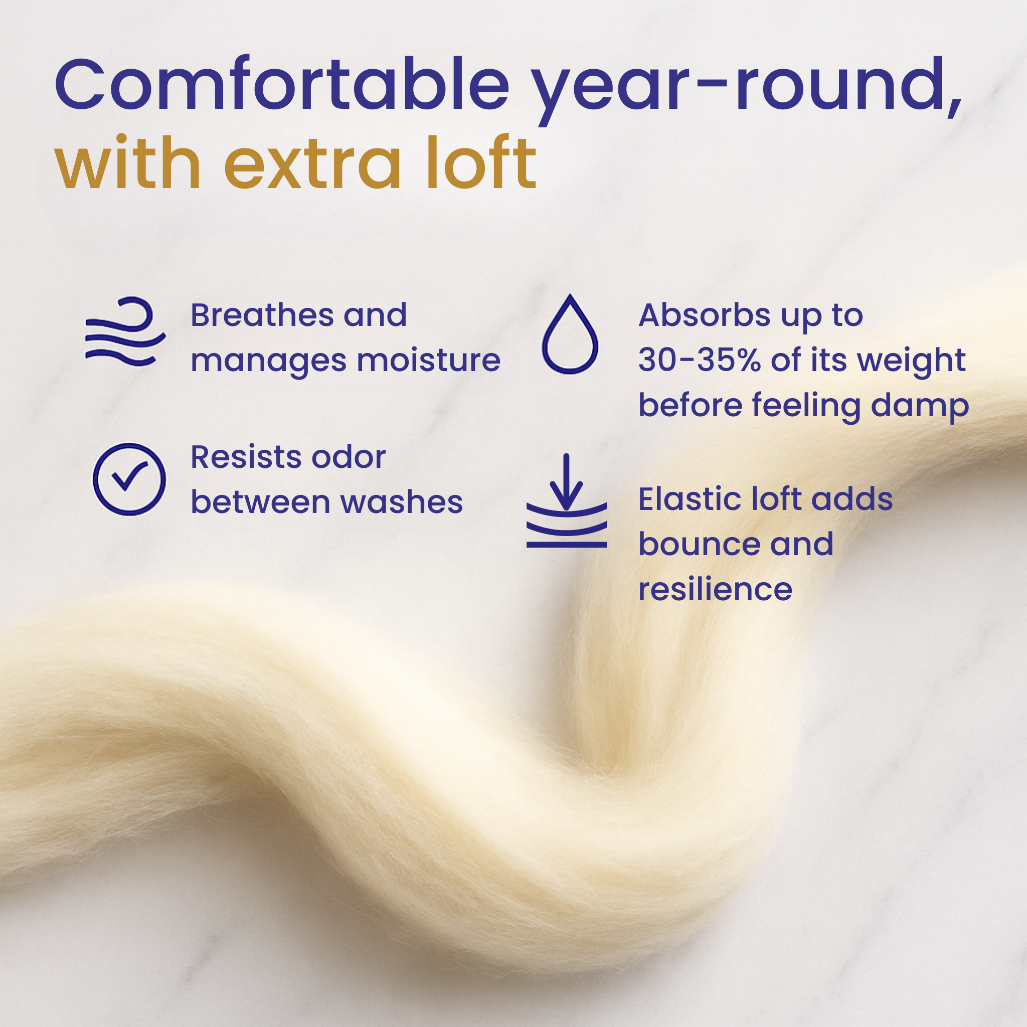 Revolution Fibers infographic showing Targhee wool benefits: breathes and manages moisture, resists odor, absorbs 30–35 percent of weight, and elastic loft adds resilience.