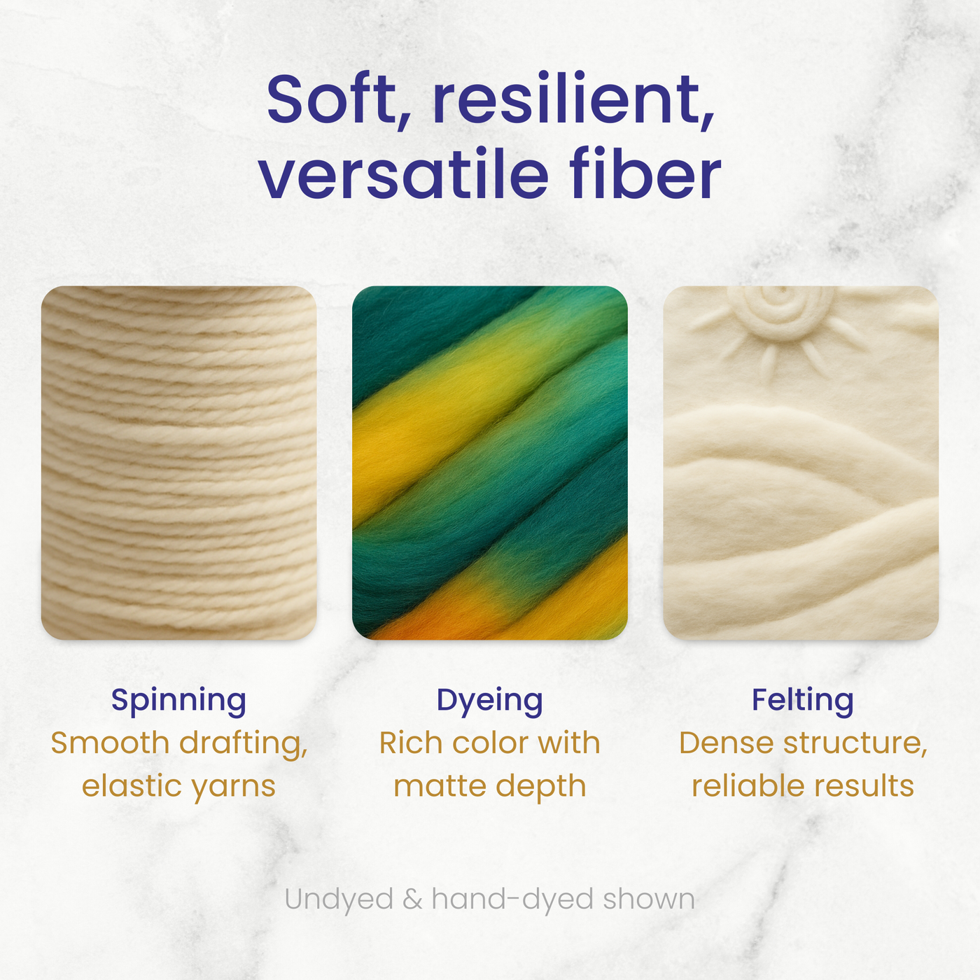 Revolution Fibers infographic showing Targhee wool top used for spinning elastic yarns, dyeing with matte depth, and felting with dense reliable structure.