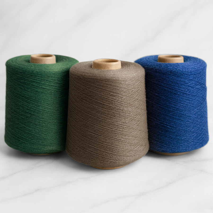 Zephira 2/18 lace wool–silk yarn cones in Basil, Espresso, and Royal on a white marble surface; 1 lb cones (~5,040 yards).