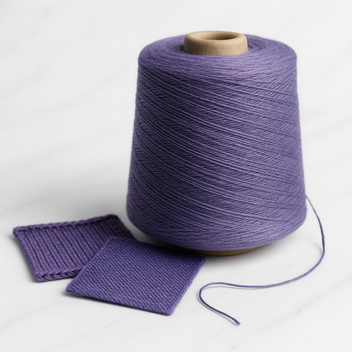 Zephira 2/18 lace wool–silk yarn cone in Violet on a white marble surface with knit and woven swatches; 1 lb cone (~5,040 yards).