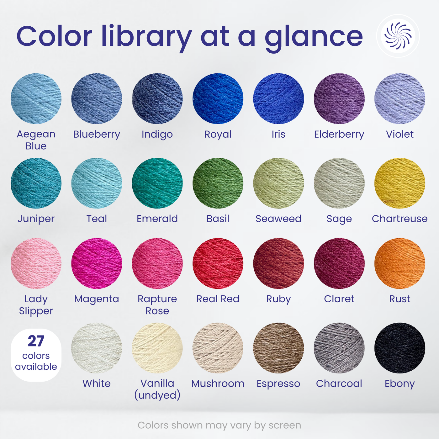 Zephira 2/18 lace color library showing 27 shades: Aegean Blue, Blueberry, Indigo, Royal, Iris, Elderberry, Violet, Juniper, Teal, Emerald, Basil, Seaweed, Sage, Chartreuse, Lady Slipper, Magenta, Rapture Rose, Real Red, Ruby, Claret, Rust, White, Vanilla undyed, Mushroom, Espresso, Charcoal, Ebony.