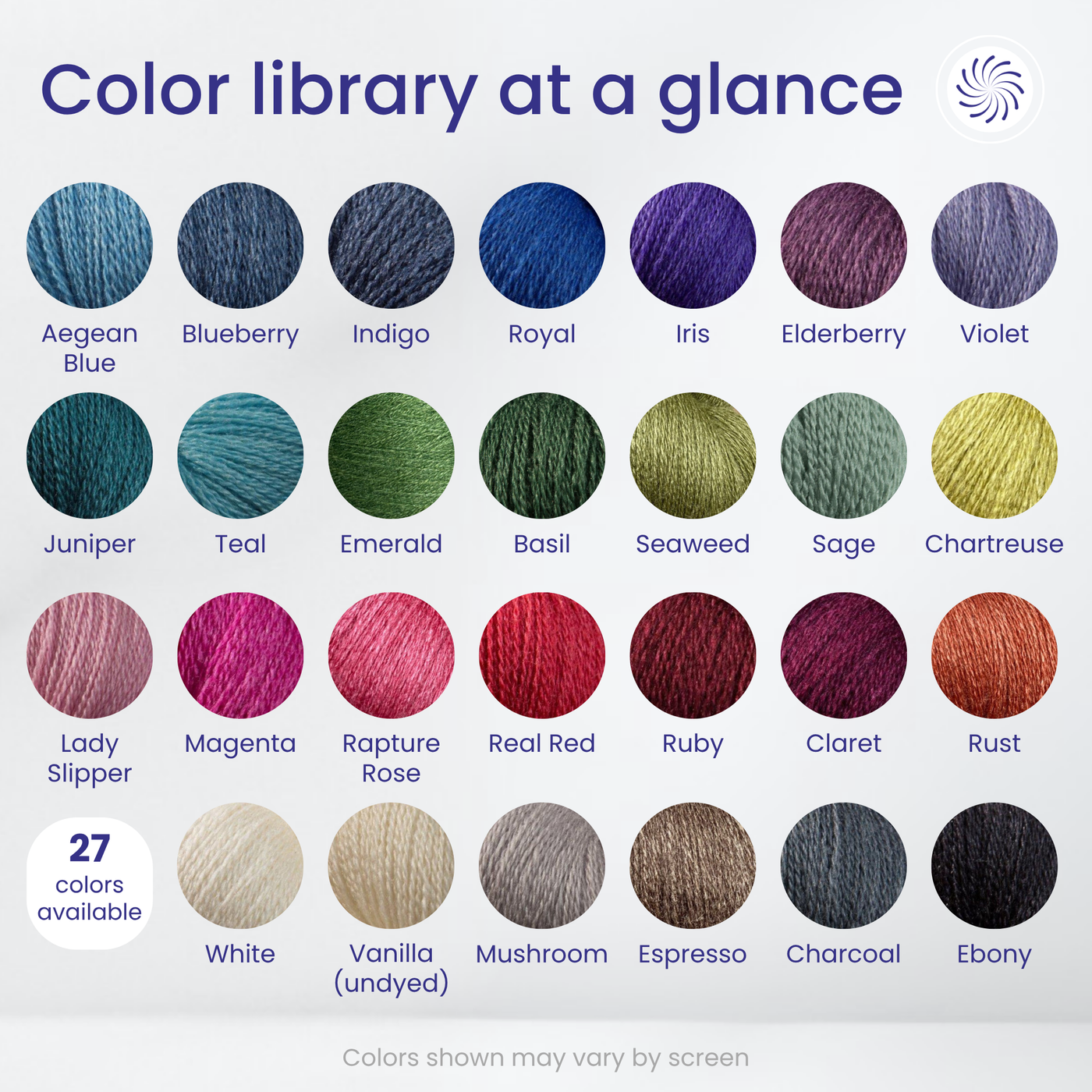 Zephira 2/18 lace color library showing 27 shades: Aegean Blue, Blueberry, Indigo, Royal, Iris, Elderberry, Violet, Juniper, Teal, Emerald, Basil, Seaweed, Sage, Chartreuse, Lady Slipper, Magenta, Rapture Rose, Real Red, Ruby, Claret, Rust, White, Vanilla undyed, Mushroom, Espresso, Charcoal, Ebony.