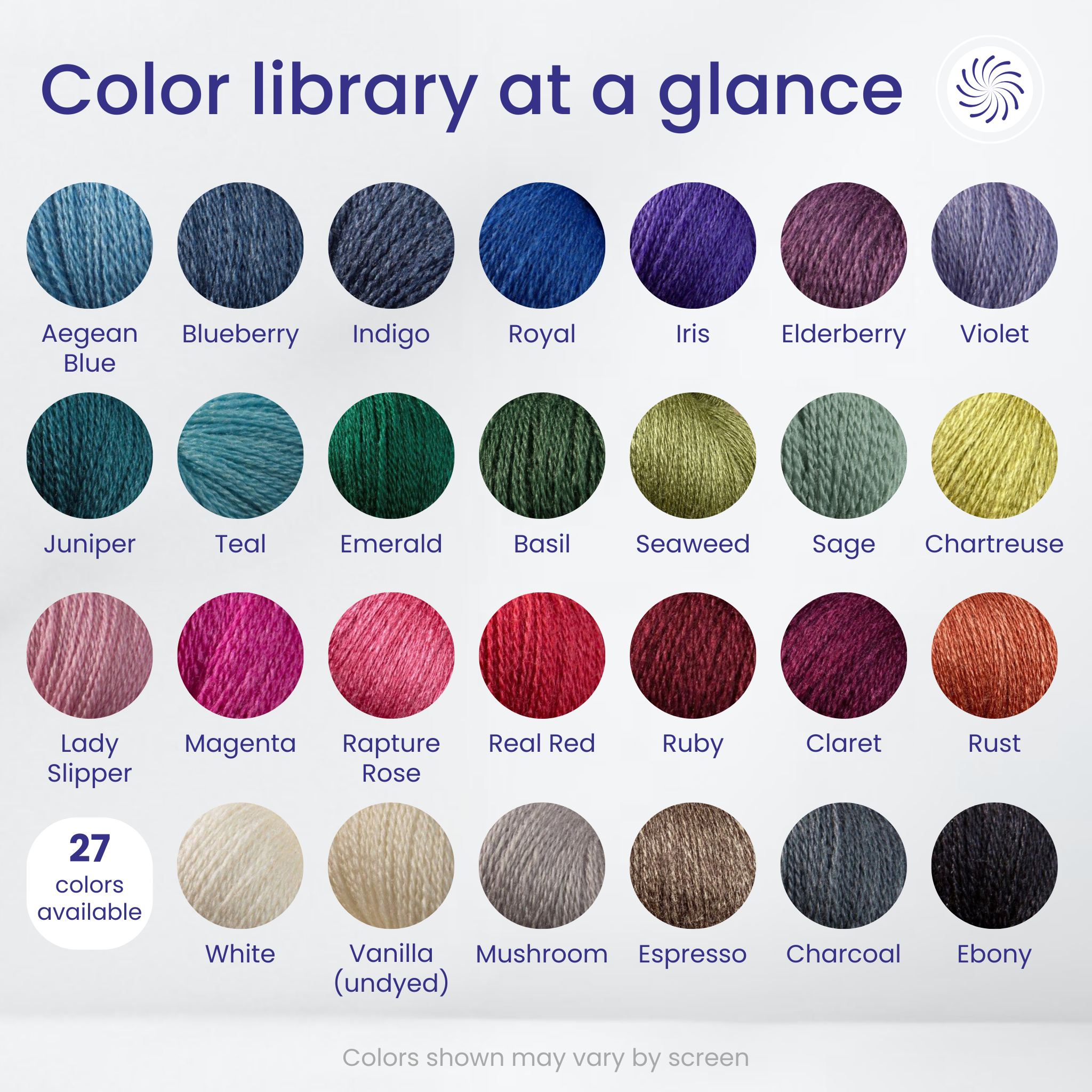 Zephira 2/18 lace color library showing 27 shades: Aegean Blue, Blueberry, Indigo, Royal, Iris, Elderberry, Violet, Juniper, Teal, Emerald, Basil, Seaweed, Sage, Chartreuse, Lady Slipper, Magenta, Rapture Rose, Real Red, Ruby, Claret, Rust, White, Vanilla undyed, Mushroom, Espresso, Charcoal, Ebony.