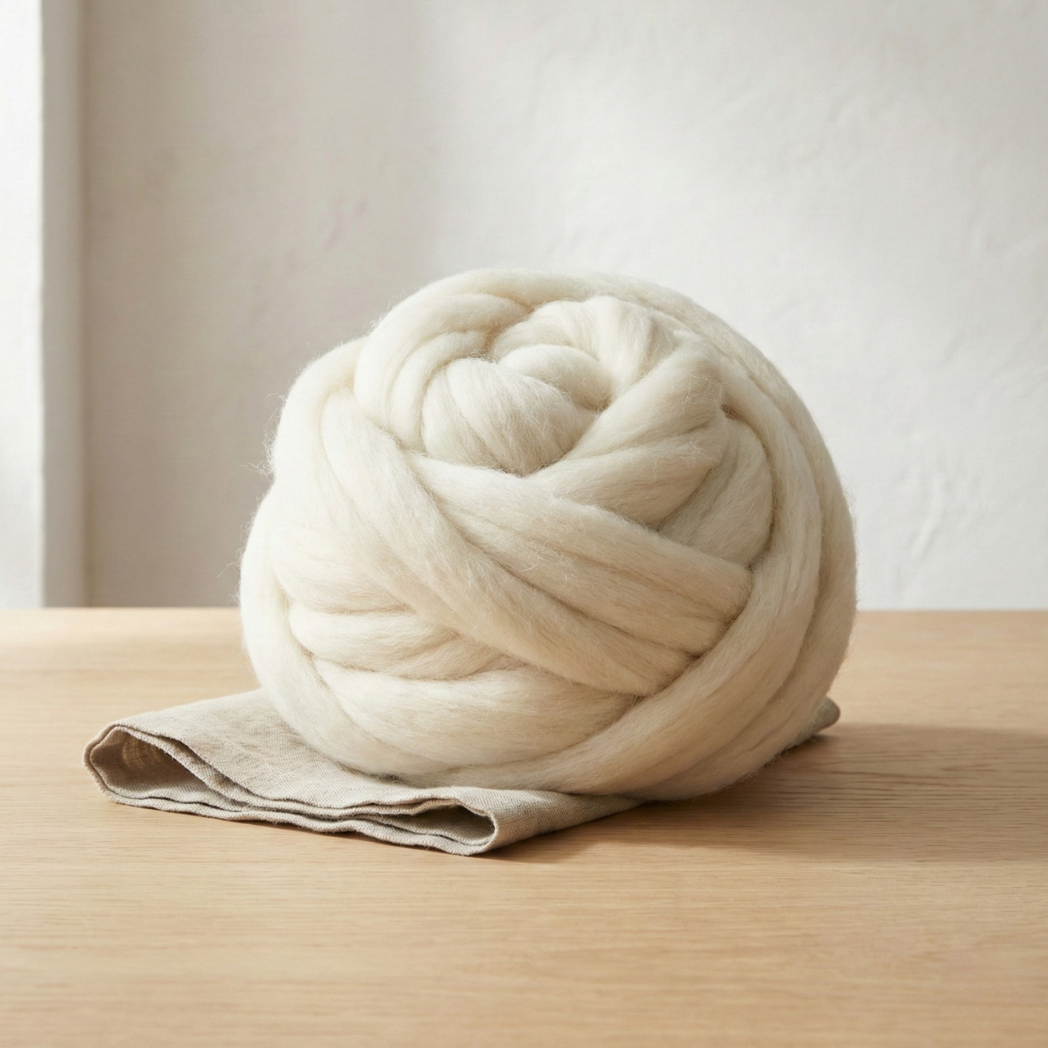Undyed Cheviot combed wool top roving ball on natural wood surface, warm daylight, showing scale and creamy off-white color.