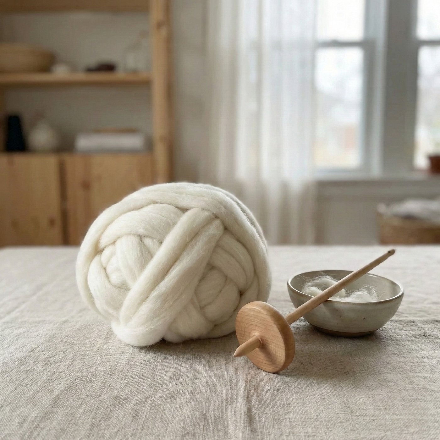Lifestyle scene: undyed Cheviot combed wool top with drop spindle and wooden bowl on linen bedding in bright, airy room light.