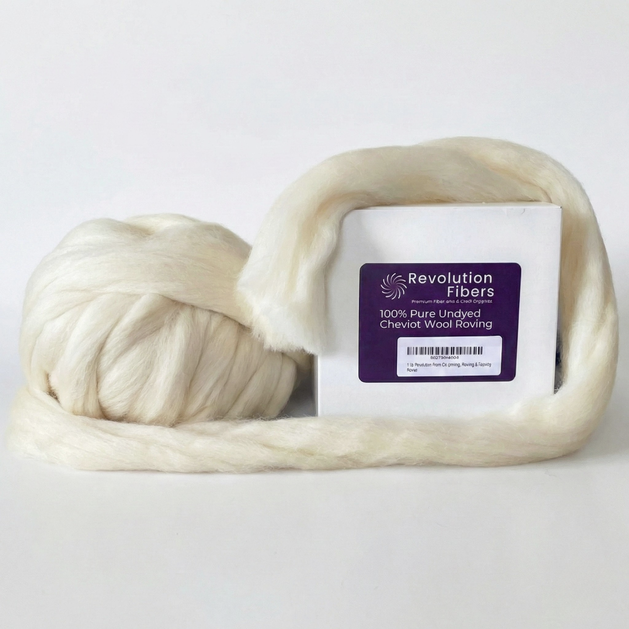 Revolution Fibers Cheviot wool top packaging with undyed roving wrapped around, centered on white background for product ID.