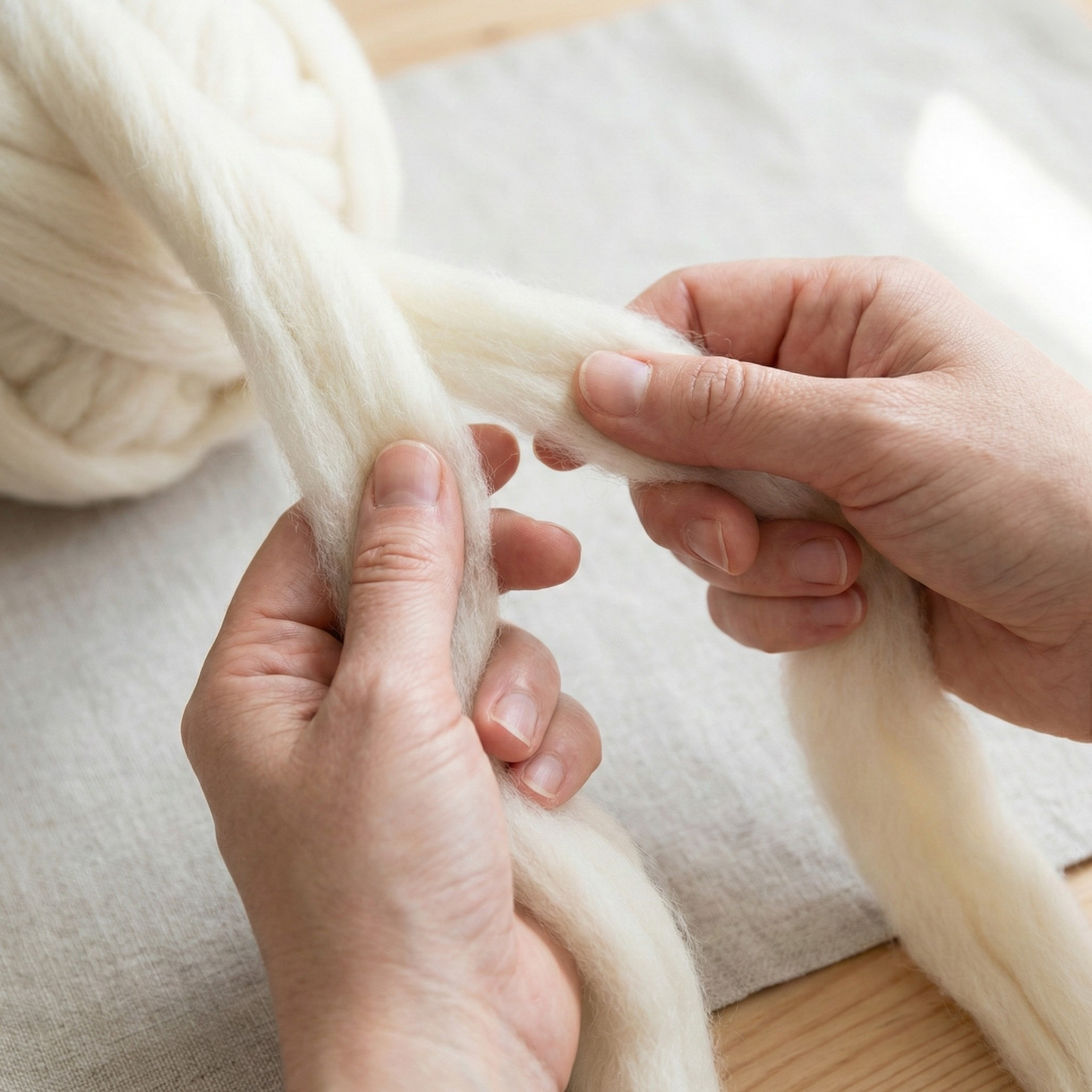 Hands drafting undyed Cheviot combed wool top, showing smooth draw and beginner-friendly control during spinning preparation.