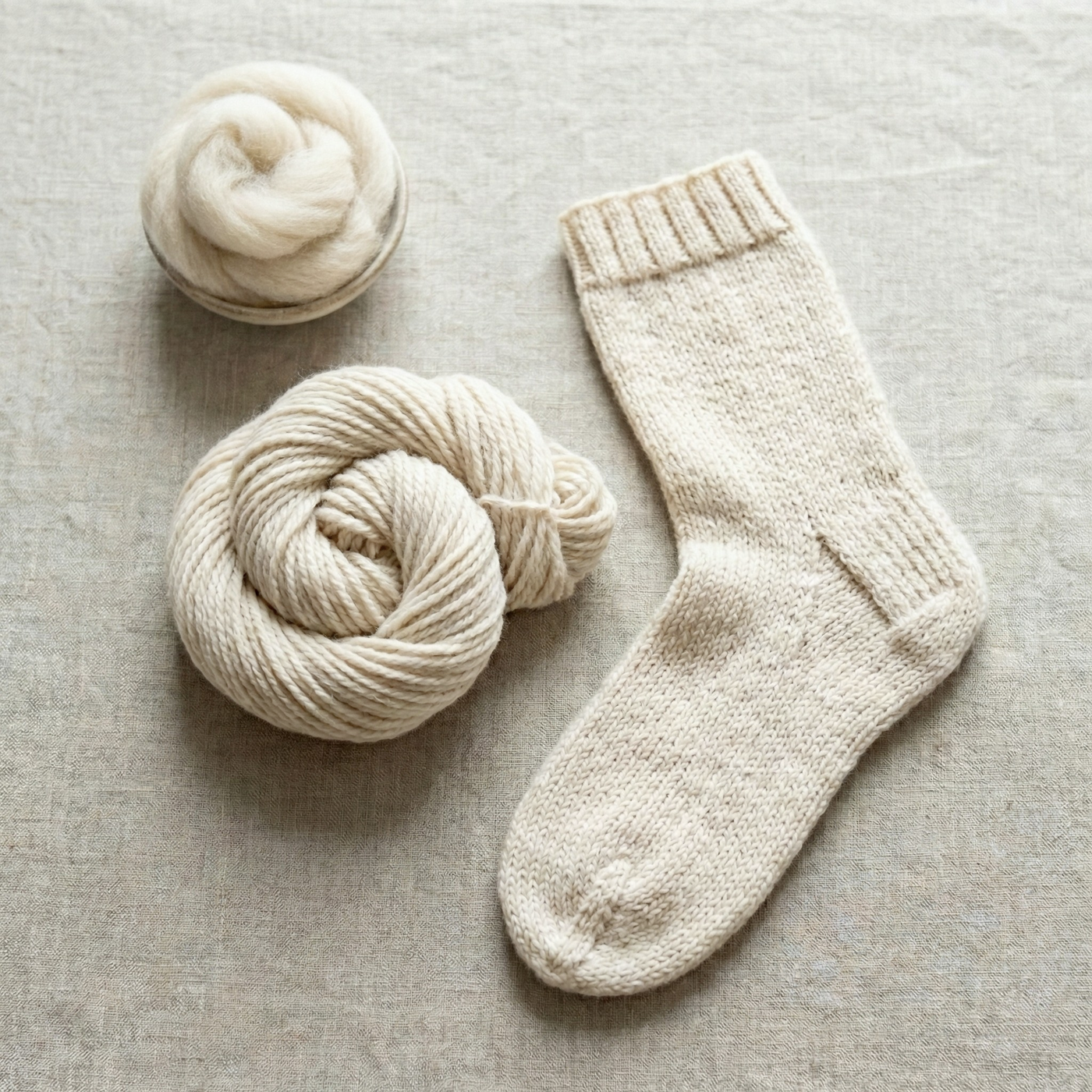 Finished result: undyed Cheviot spun yarn cake with knitted socks and roving coil on stone surface—ideal for durable wearables.