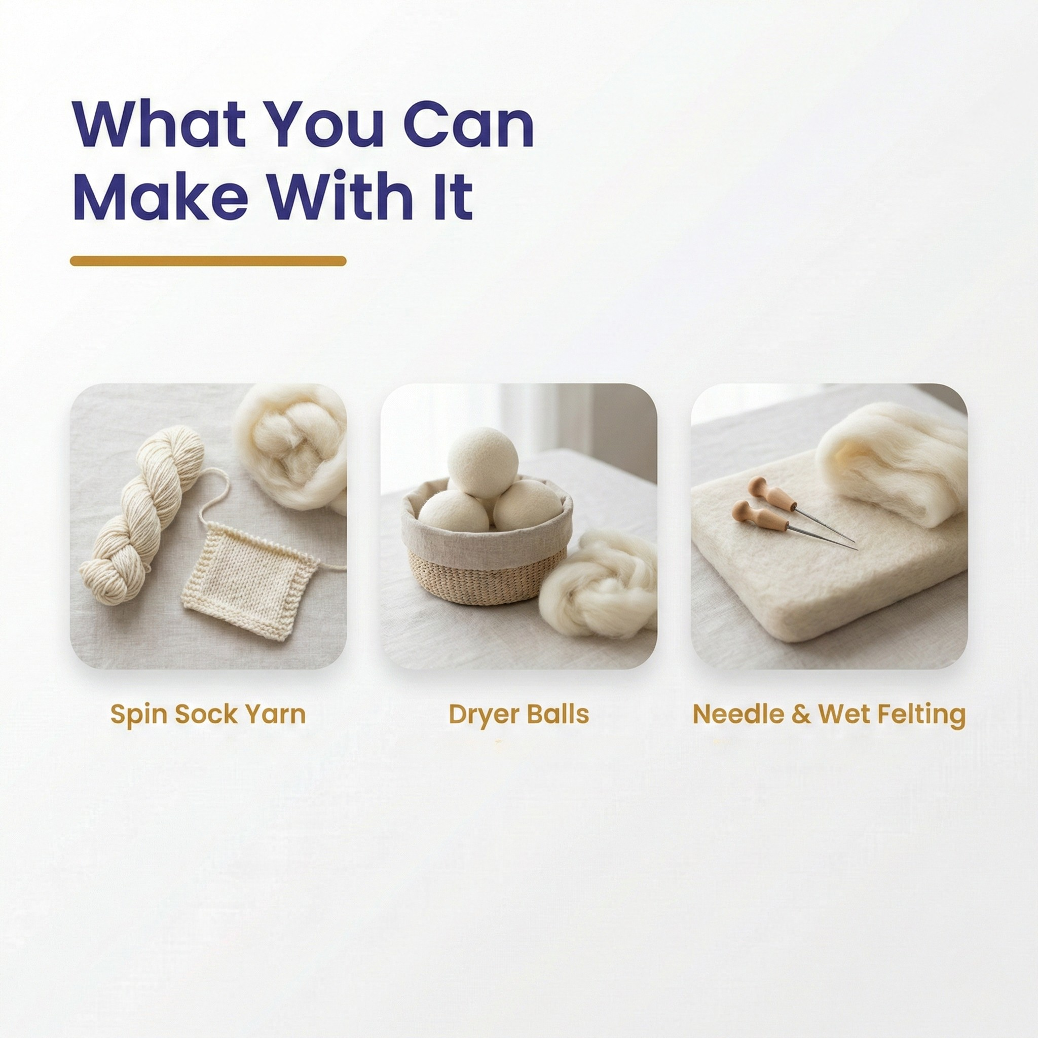 Infographic: What you can make—spin sock yarn, stuff wool dryer balls, or use for needle and wet felting with Cheviot top.