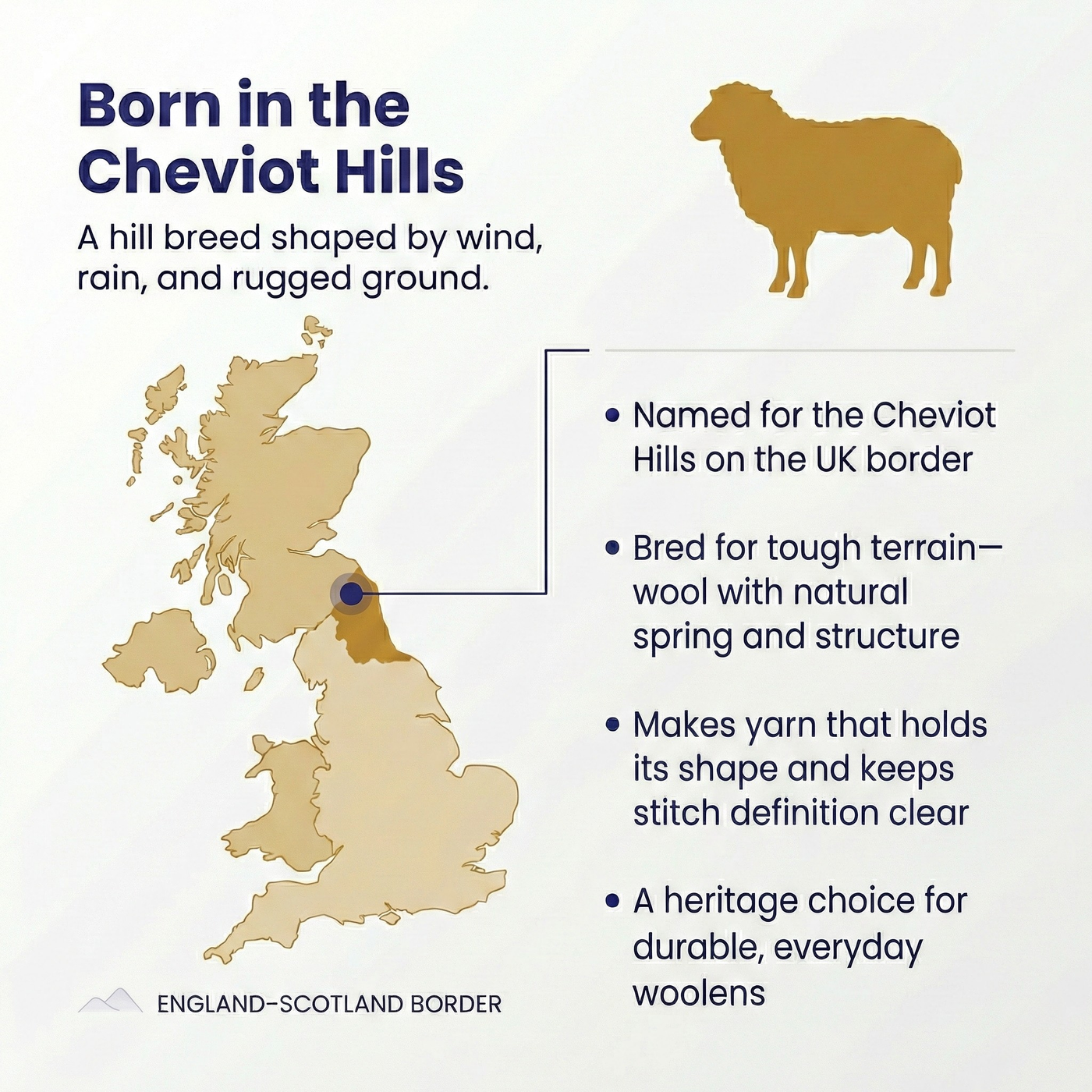 Heritage infographic for Revolution Fibers Cheviot combed wool top showing a UK map with the Cheviot Hills highlighted on the England–Scotland border, plus a sheep silhouette and notes on the breed’s rugged origins and natural springy structure.