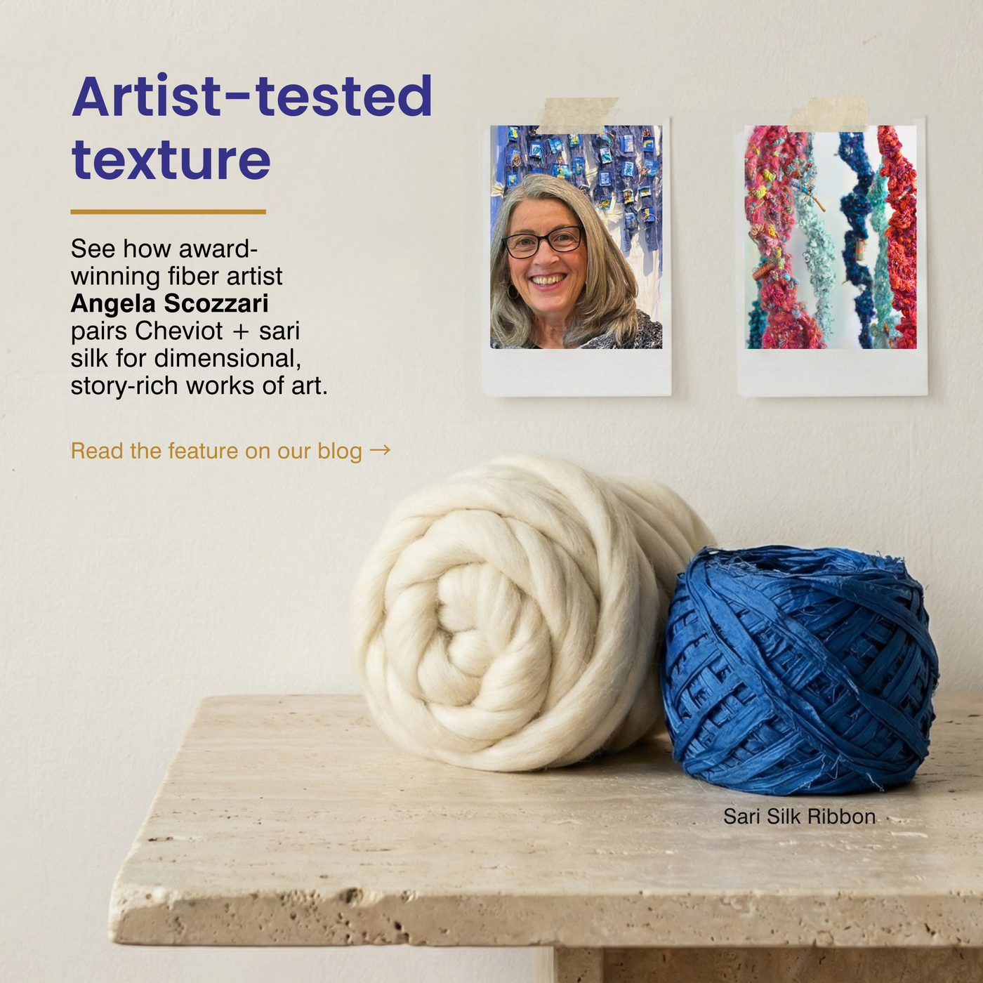 Award-winning fiber artist Angela Scozzari credibility card featuring Revolution Fibers Cheviot combed wool top with blue sari silk ribbon