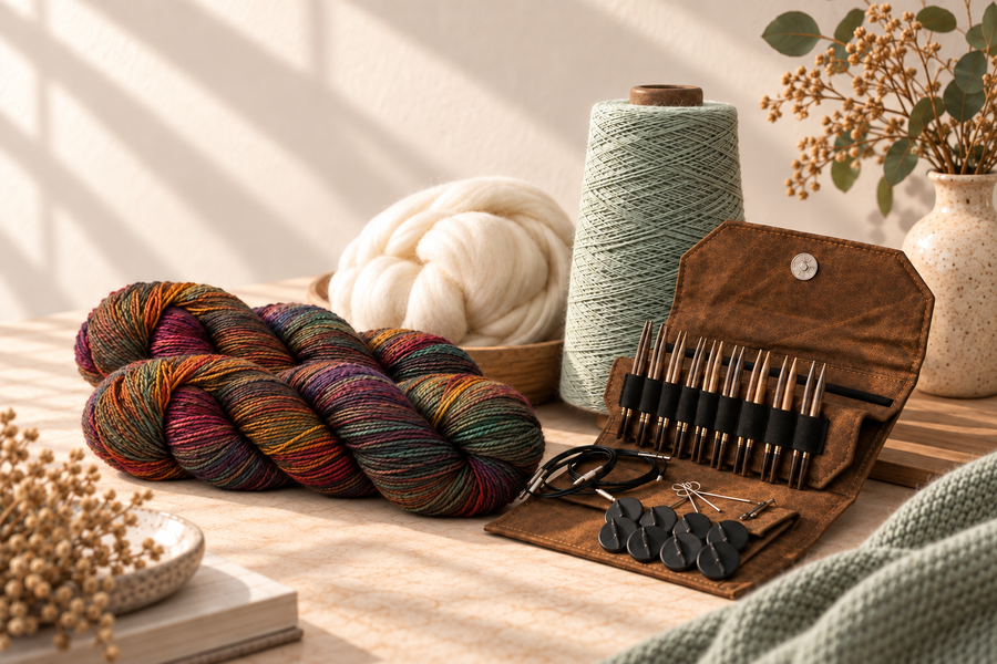Hand-dyed multicolor yarn skeins, white wool roving, a cone of sage green yarn, and an open leather case of wooden interchangeable knitting needles on a sunlit wood table.