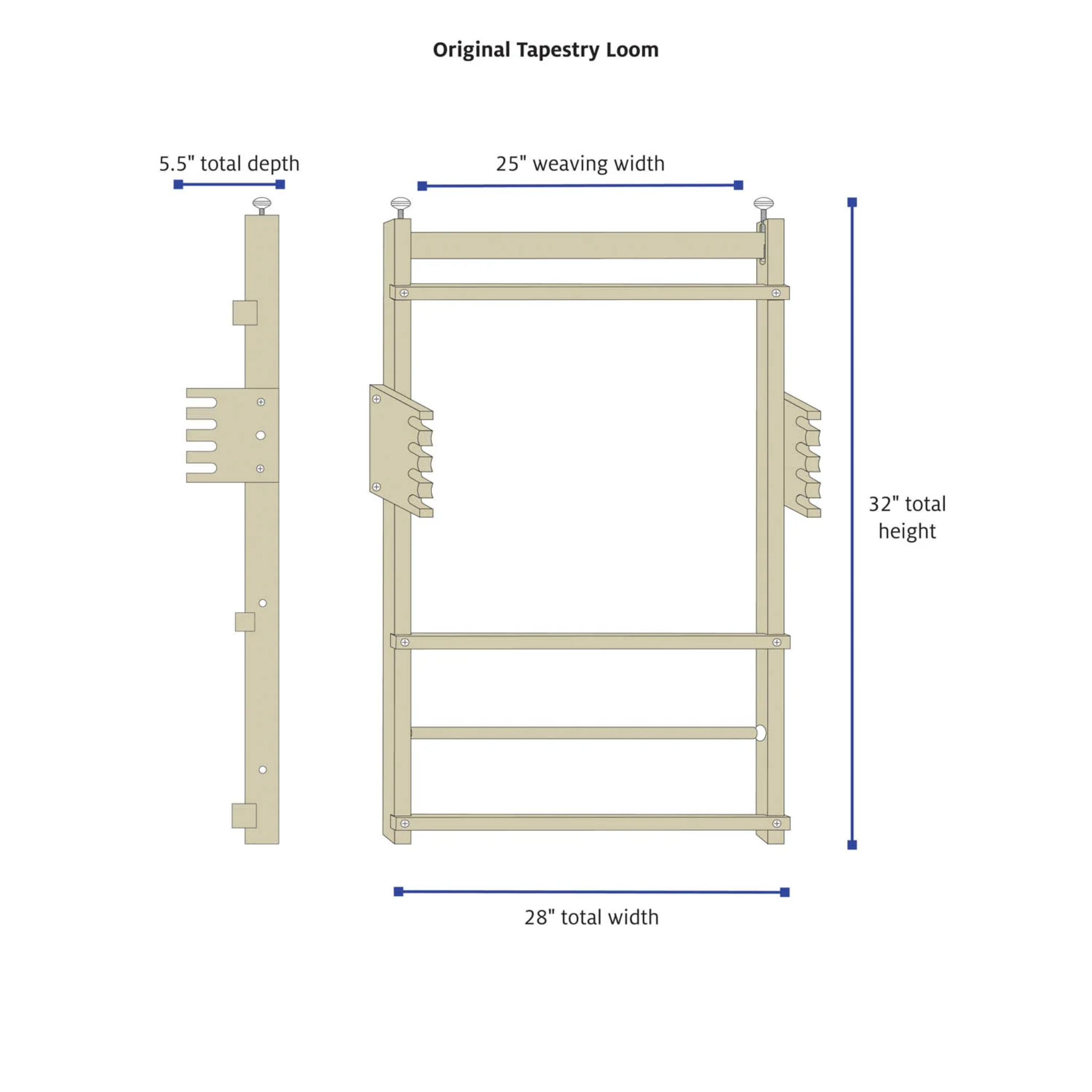Schacht Original Tapestry Loom Dimensions. 5.5" total depth, 25" weaving width, 28" total width, 32" total height.