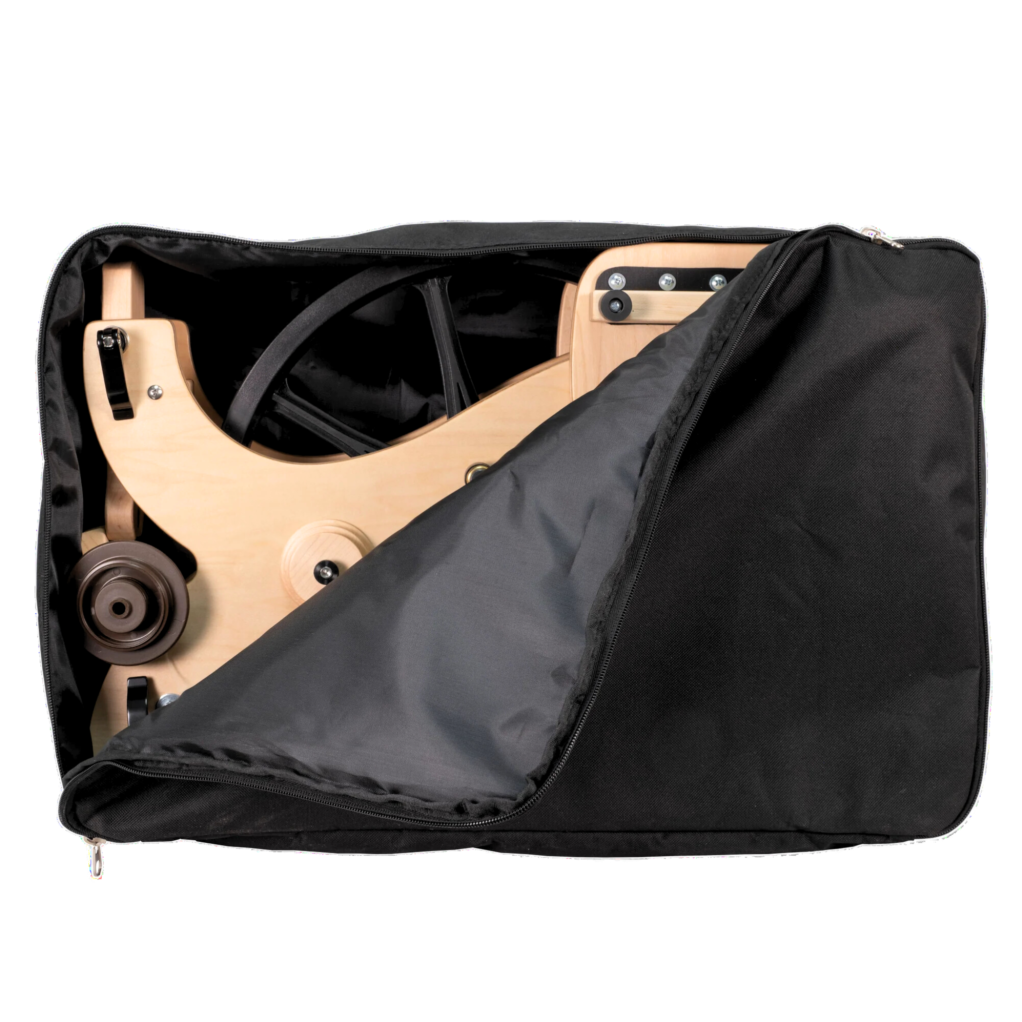 Schacht Sidekick Spinning Wheel Bag - Durable black storage case with heavy-duty zipper, designed to securely hold the Sidekick spinning wheel for easy transport and protection.