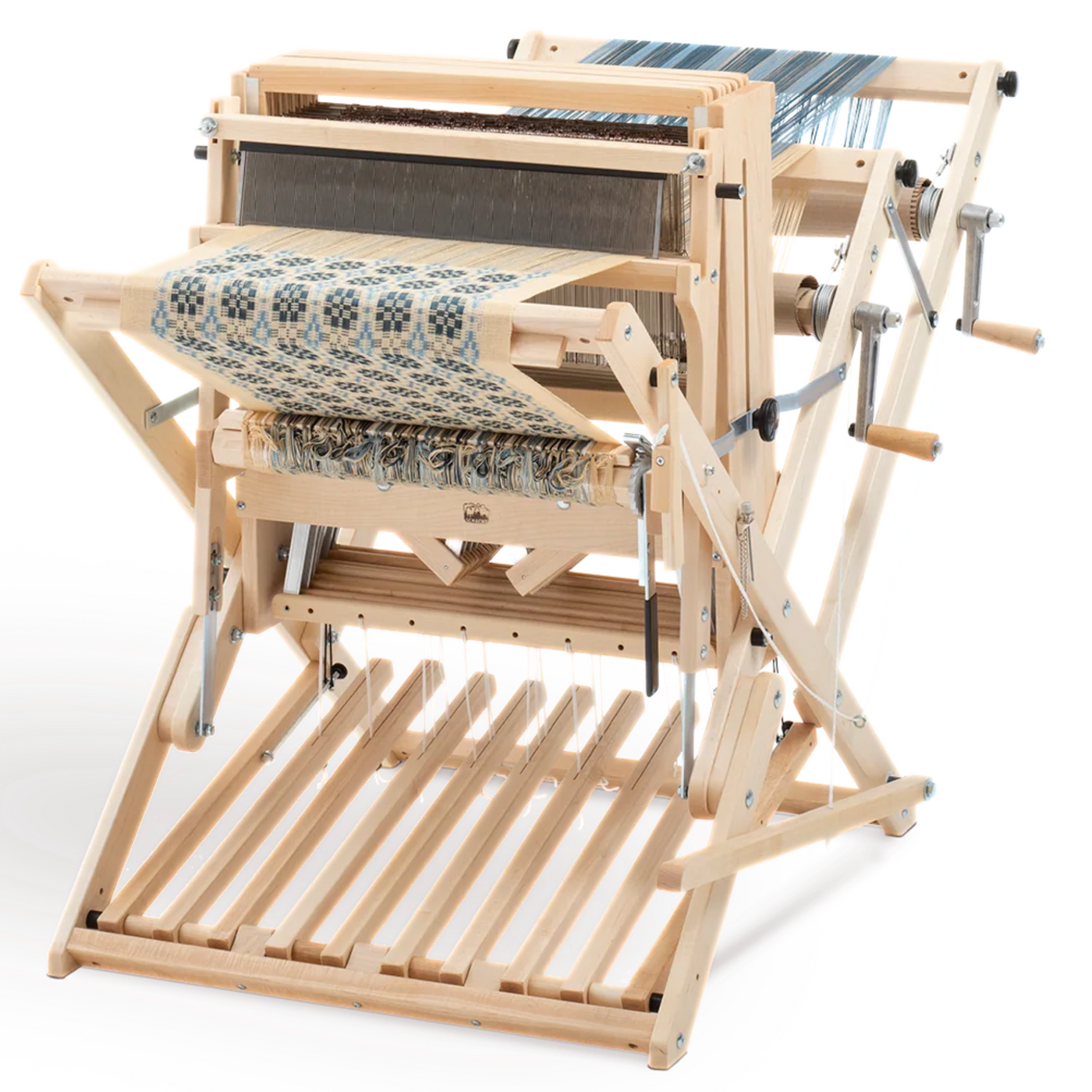 Mighty/Baby Wolf Double Back Beam upgrade shown in use—two-beam setup delivers even tension for complex structures and long warps.