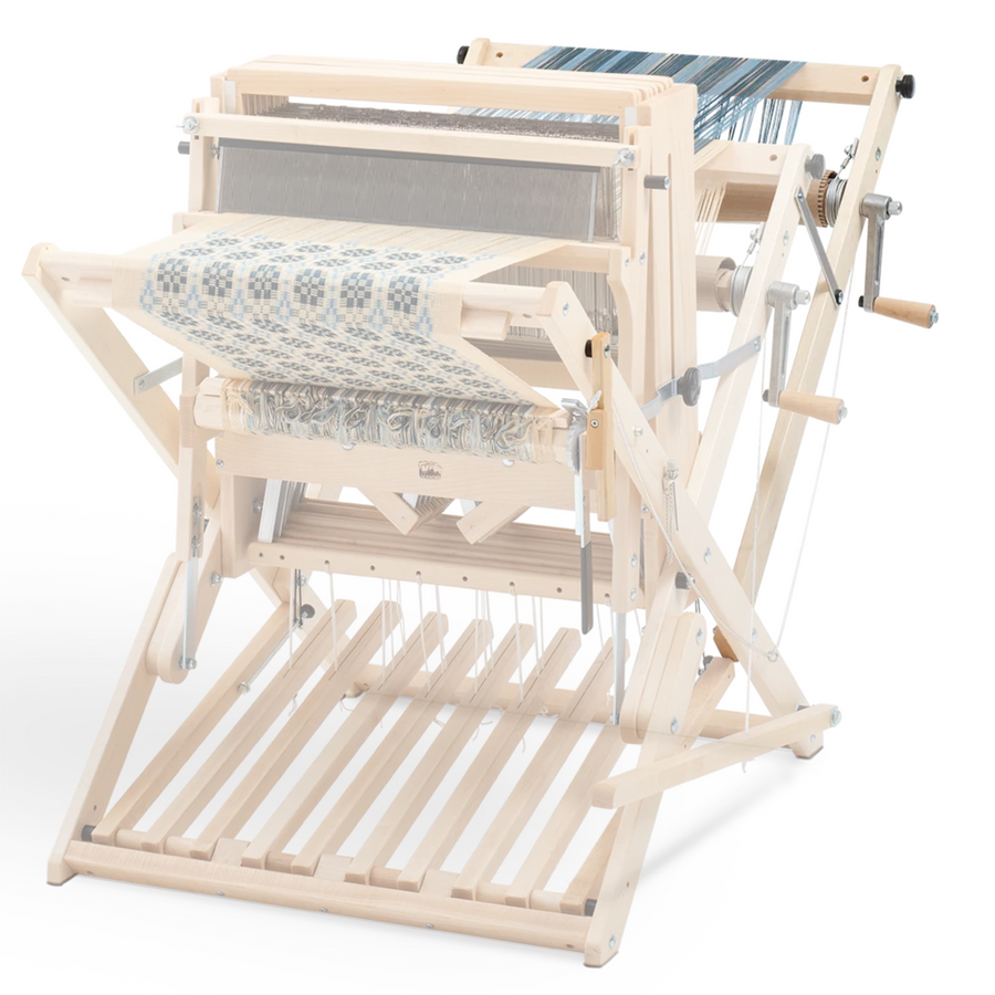 Schacht Wolf loom with Double Back Beam installed; second warp beam provides independent tension for supplementary warp and doubleweave.
