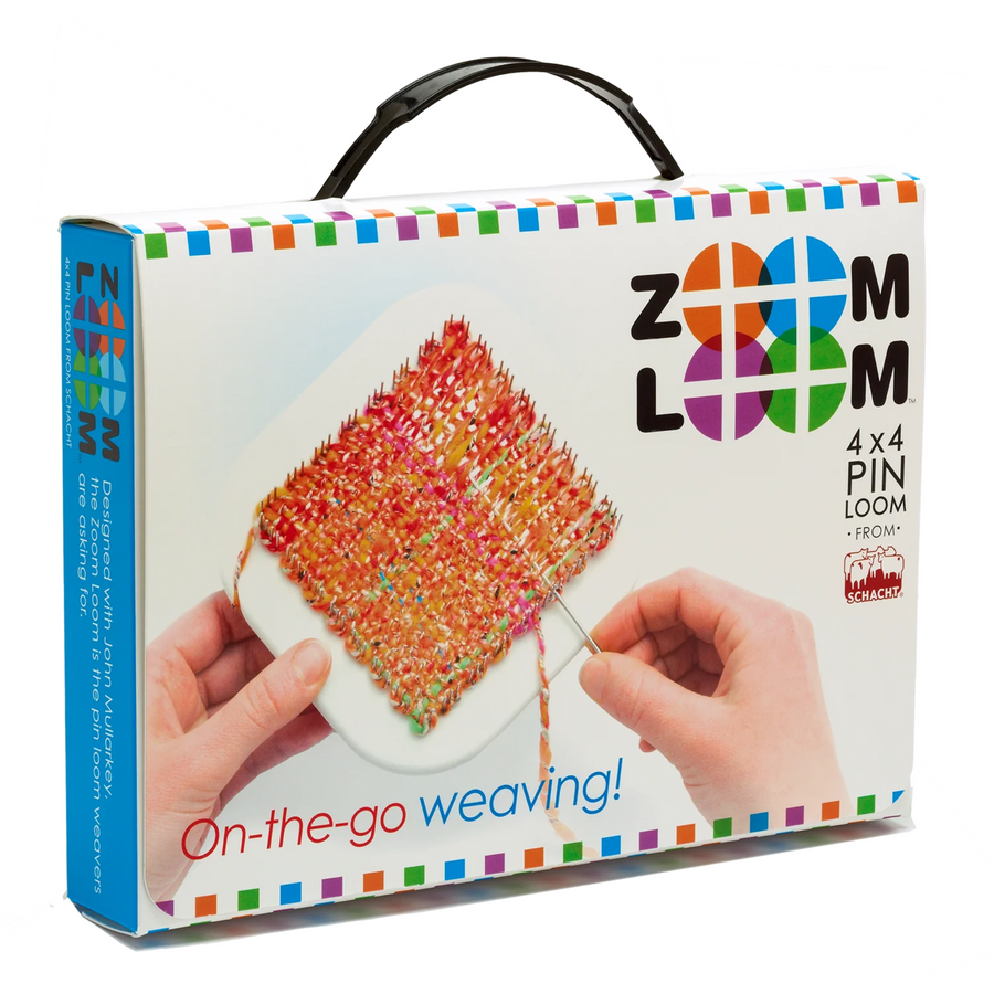 Schacht Zoom Loom 4x4 Pin Loom packaging, featuring a compact, portable weaving kit for beginners and experienced weavers. Includes a loom, weaving needle, and instructions for easy on-the-go weaving projects.