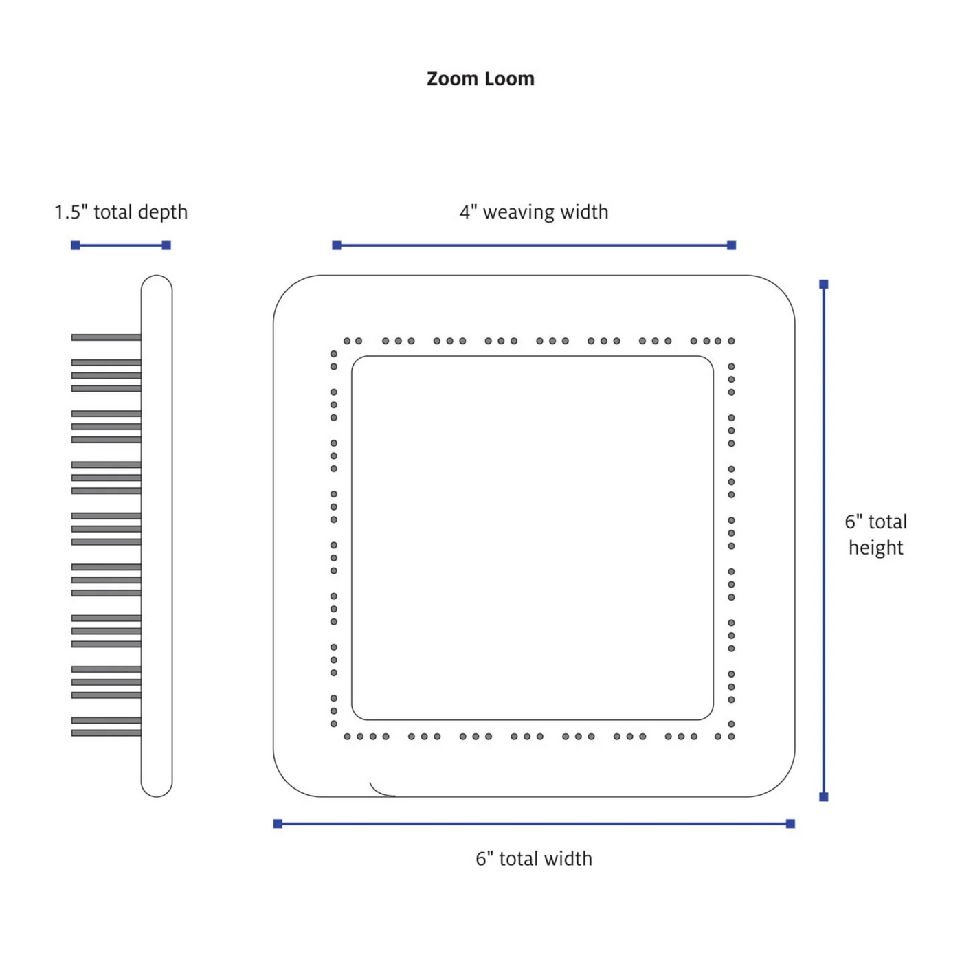 Technical diagram of the Schacht Zoom Loom, displaying its dimensions including a 4-inch weaving width, 6-inch total width, 6-inch height, and 1.5-inch depth for compact, portable weaving.