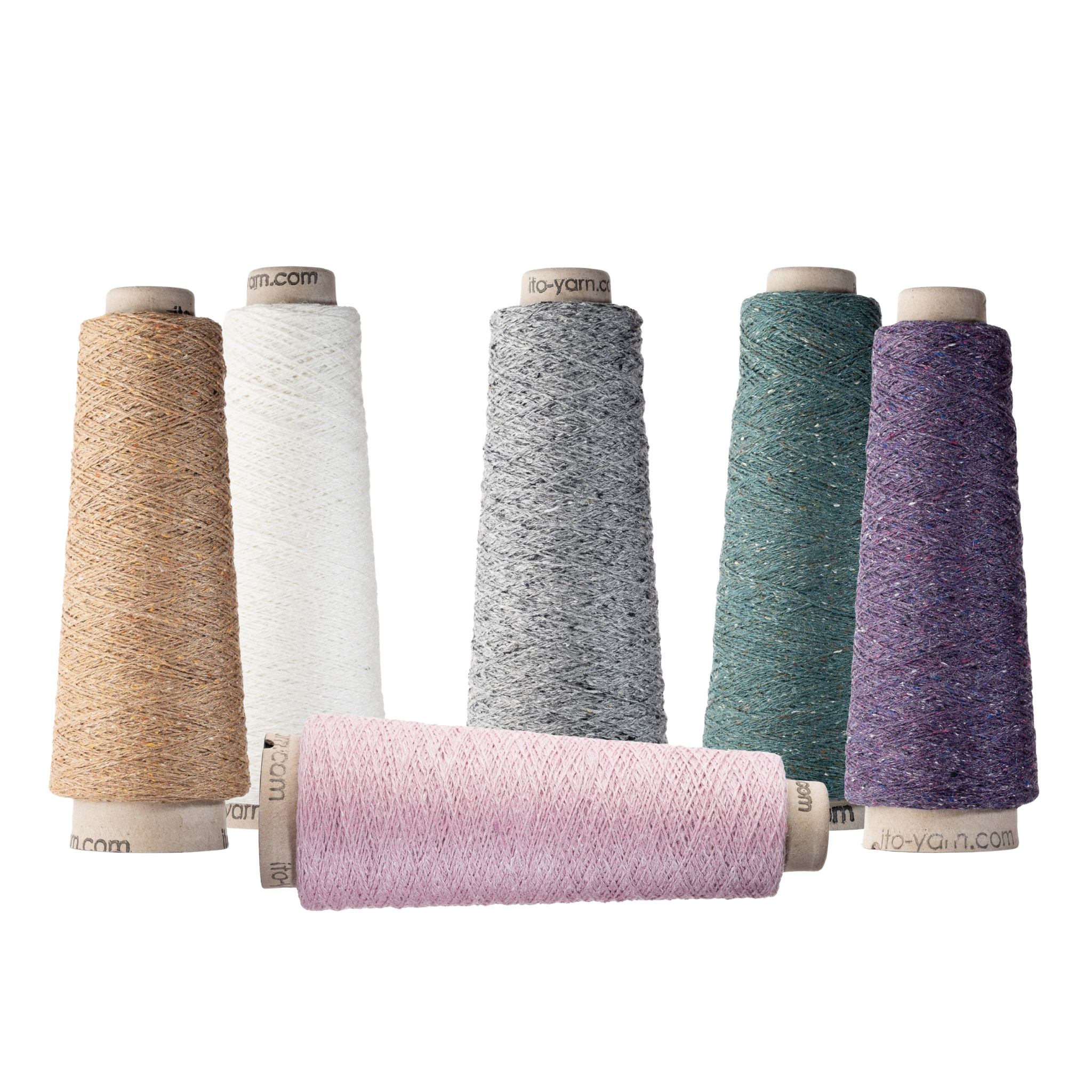 Sero Silk Noil Weaving Yarn cones in Camel, White, Cherry Blossom, Light Gray, Pool Green, and Violet colors. Made from organic silk noil and recycled silk fibers, this lace-weight yarn features a nubby texture, matte finish, and versatile use for weaving, knitting, and crocheting.