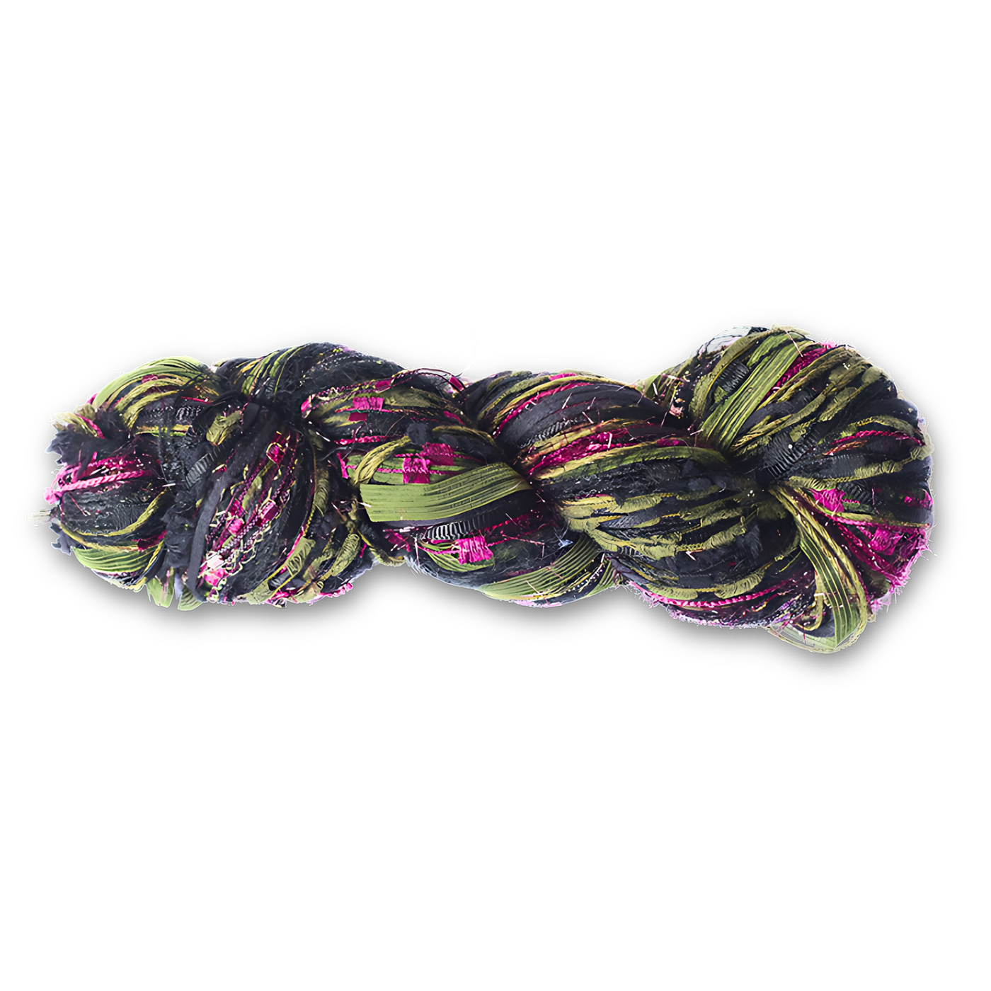 Feza Alp Premier Yarn in Shadow Thicket – Color Number 428. Deep mossy greens, shadowy blacks, and bold pops of magenta with shimmering metallic accents. Novelty, multi-color, multi-texture yarn.