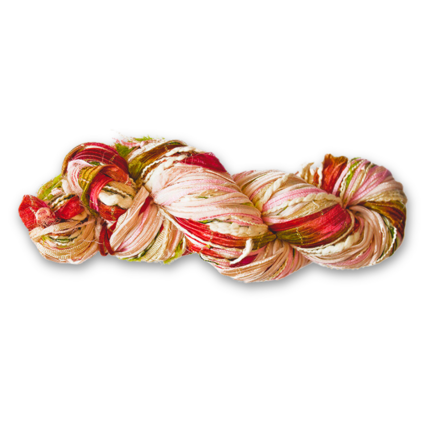 Feza Alp Premier Yarn in Solar Bloom – Color Number 411. Coral and copper boucle with airy eyelash and metallic fibers. Novelty, multi-color, multi-texture yarn.