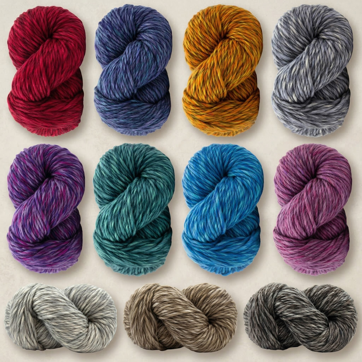 Group image of 11 super bulky multicolor merino wool yarn skeins showing the full colorway lineup.