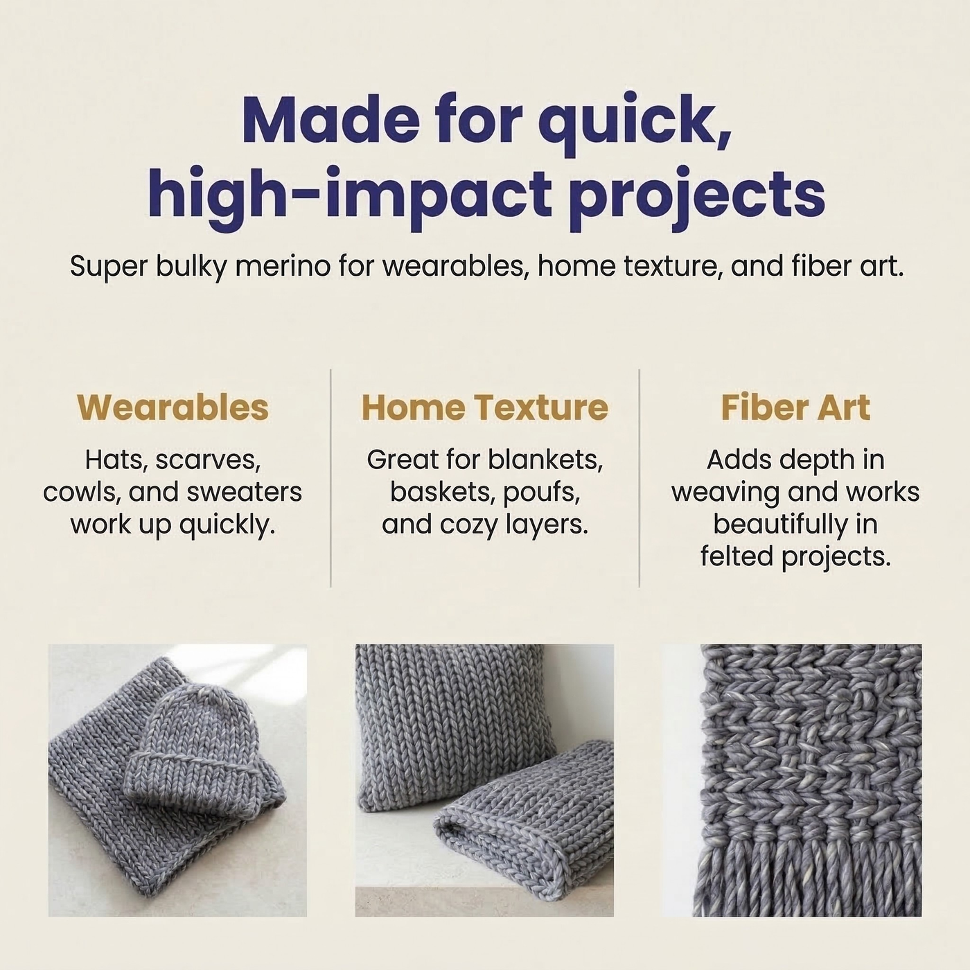 Infographic showing project uses for super bulky multicolor merino wool yarn, including wearables, home decor, and fiber art.