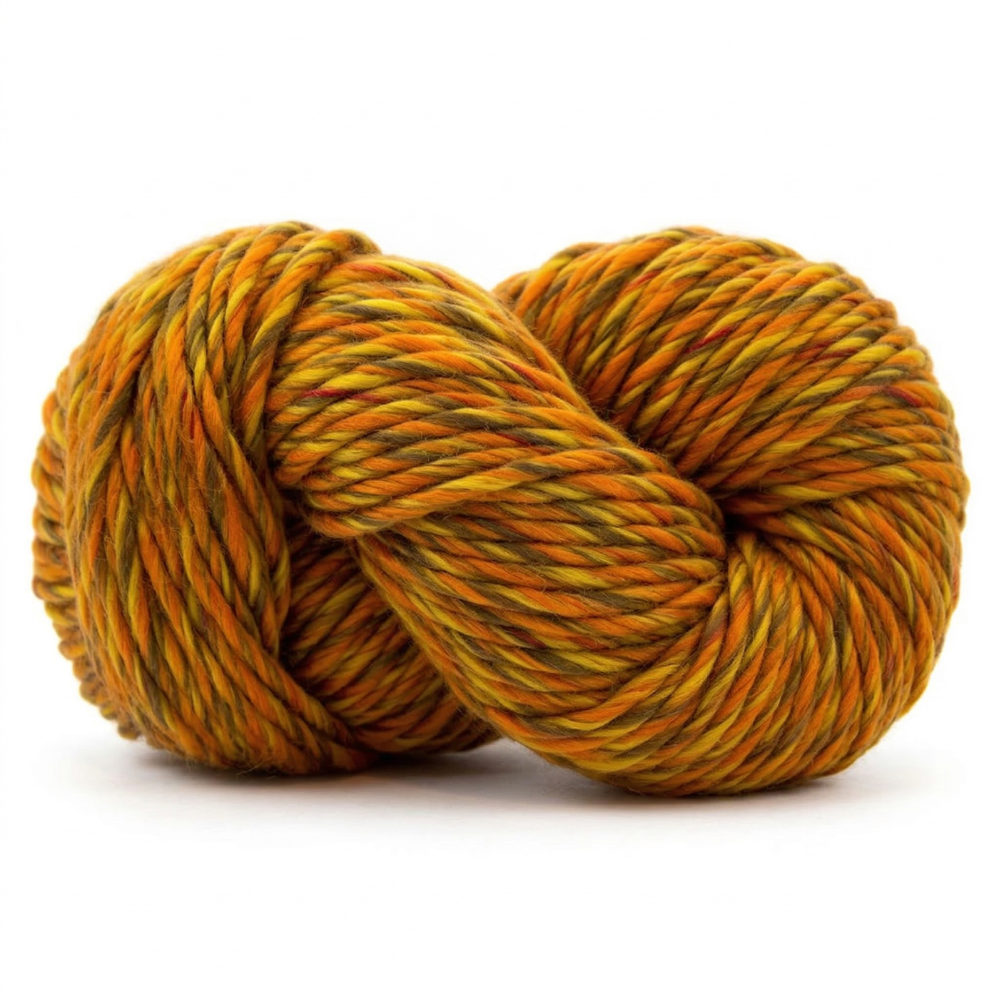 Blaze Orange super bulky multicolor merino wool yarn skein in a soft twisted pose on a light neutral background.