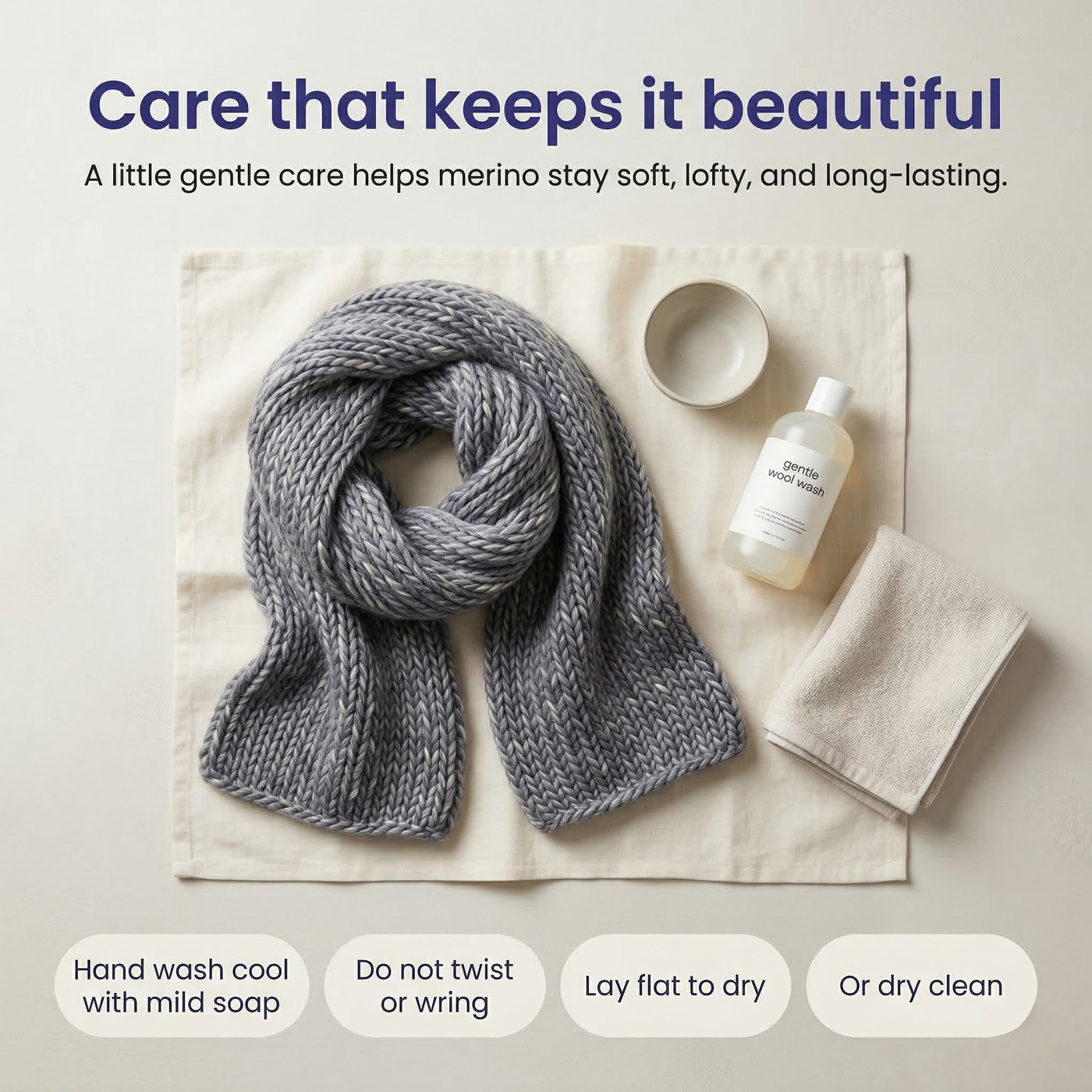 Care infographic for super bulky multicolor merino wool yarn showing gentle washing, no wringing, flat drying, and dry clean guidance.