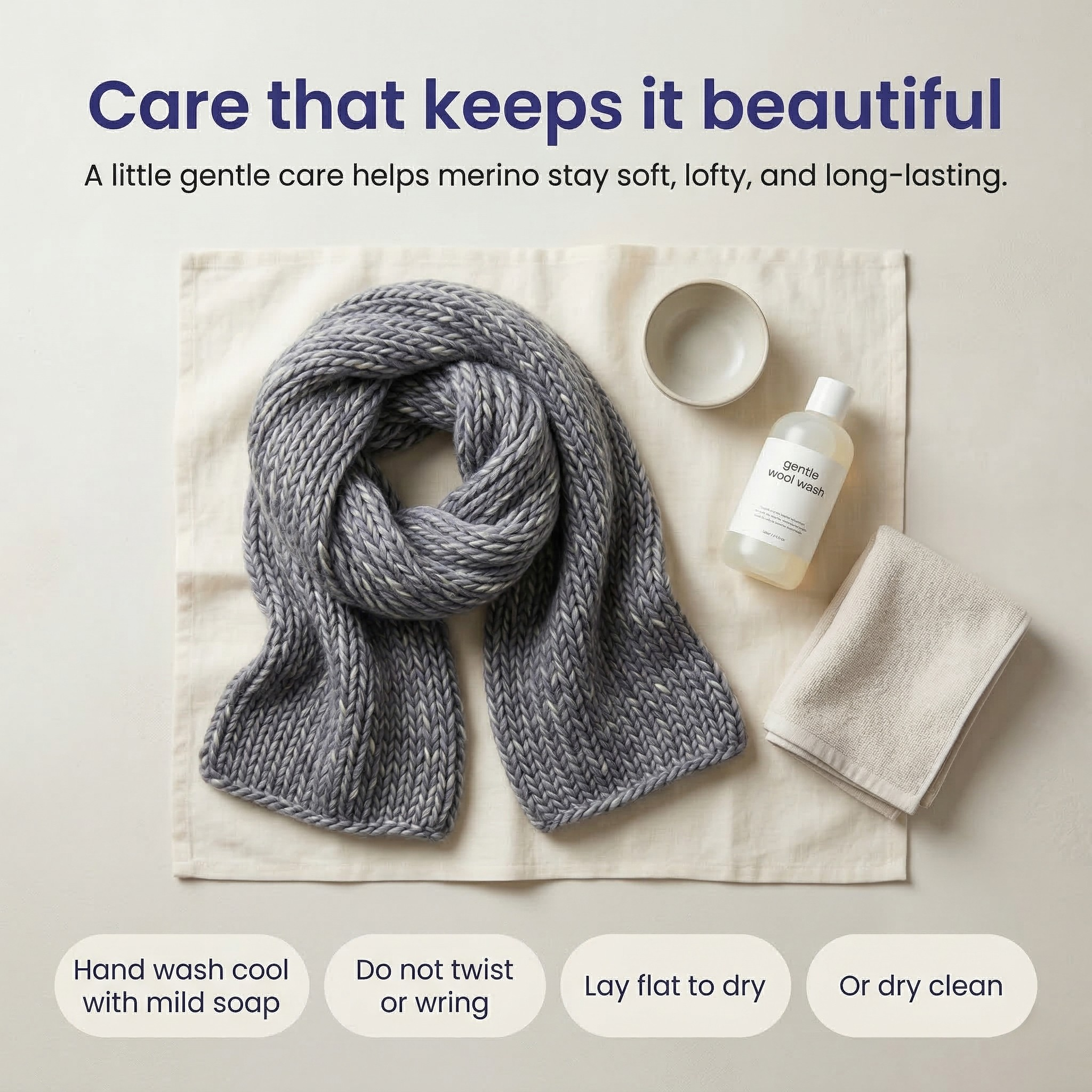 Care infographic for super bulky multicolor merino wool yarn showing gentle washing, no wringing, flat drying, and dry clean guidance.