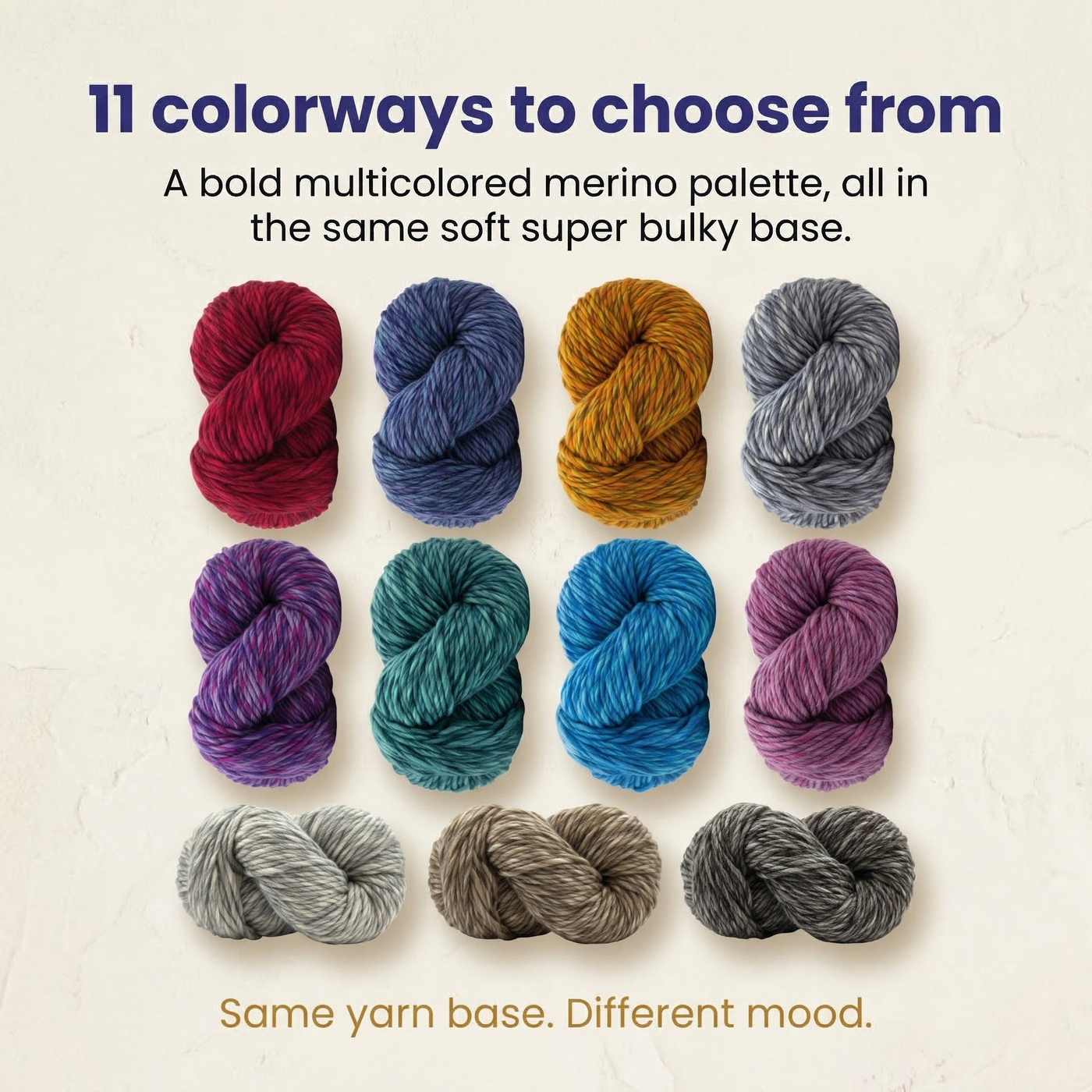 Color lineup infographic showing 11 available colorways of super bulky multicolor merino wool yarn in the same soft bulky base.