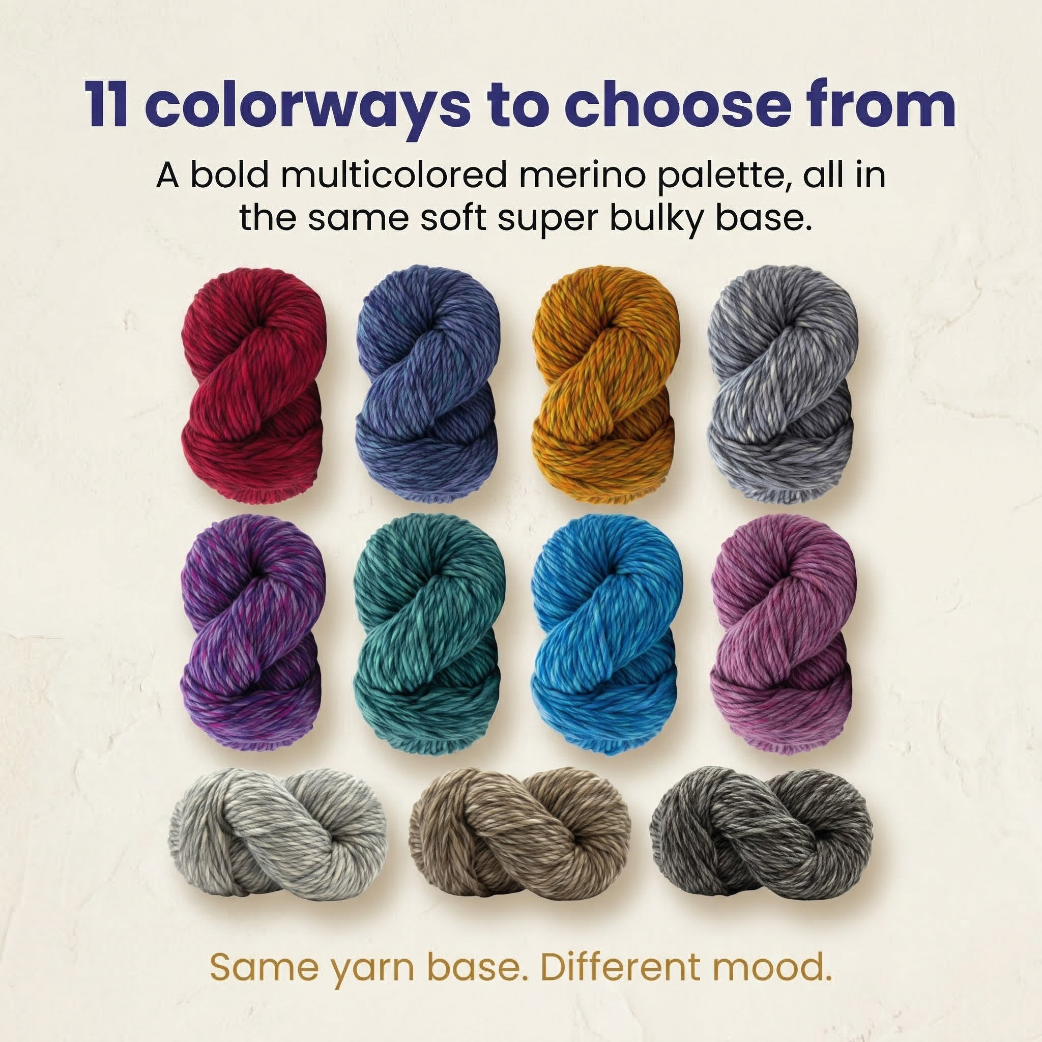 Color lineup infographic showing 11 available colorways of super bulky multicolor merino wool yarn in the same soft bulky base.