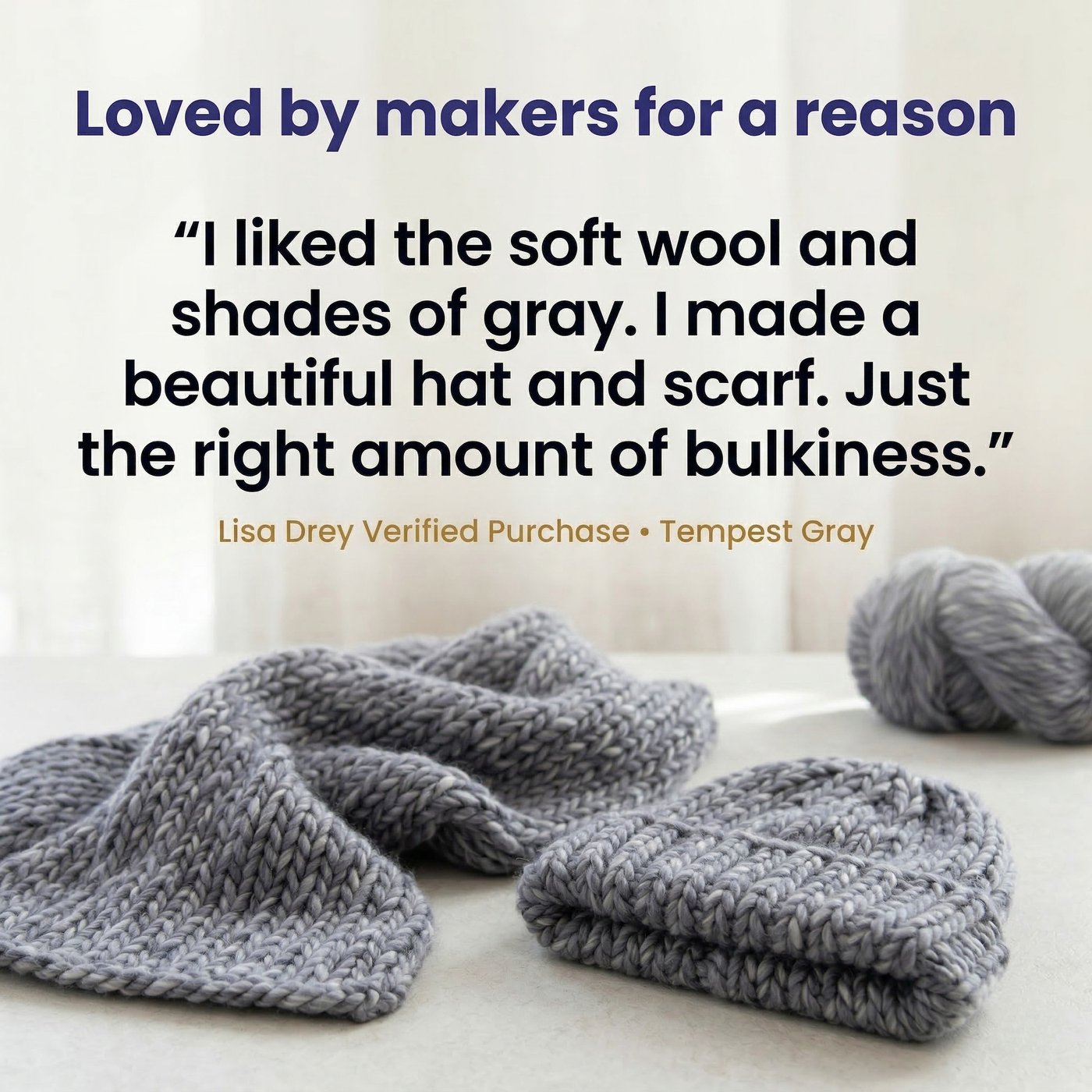 Customer review infographic for Tempest Gray super bulky multicolor merino wool yarn featuring a testimonial and finished knit hat and scarf set.