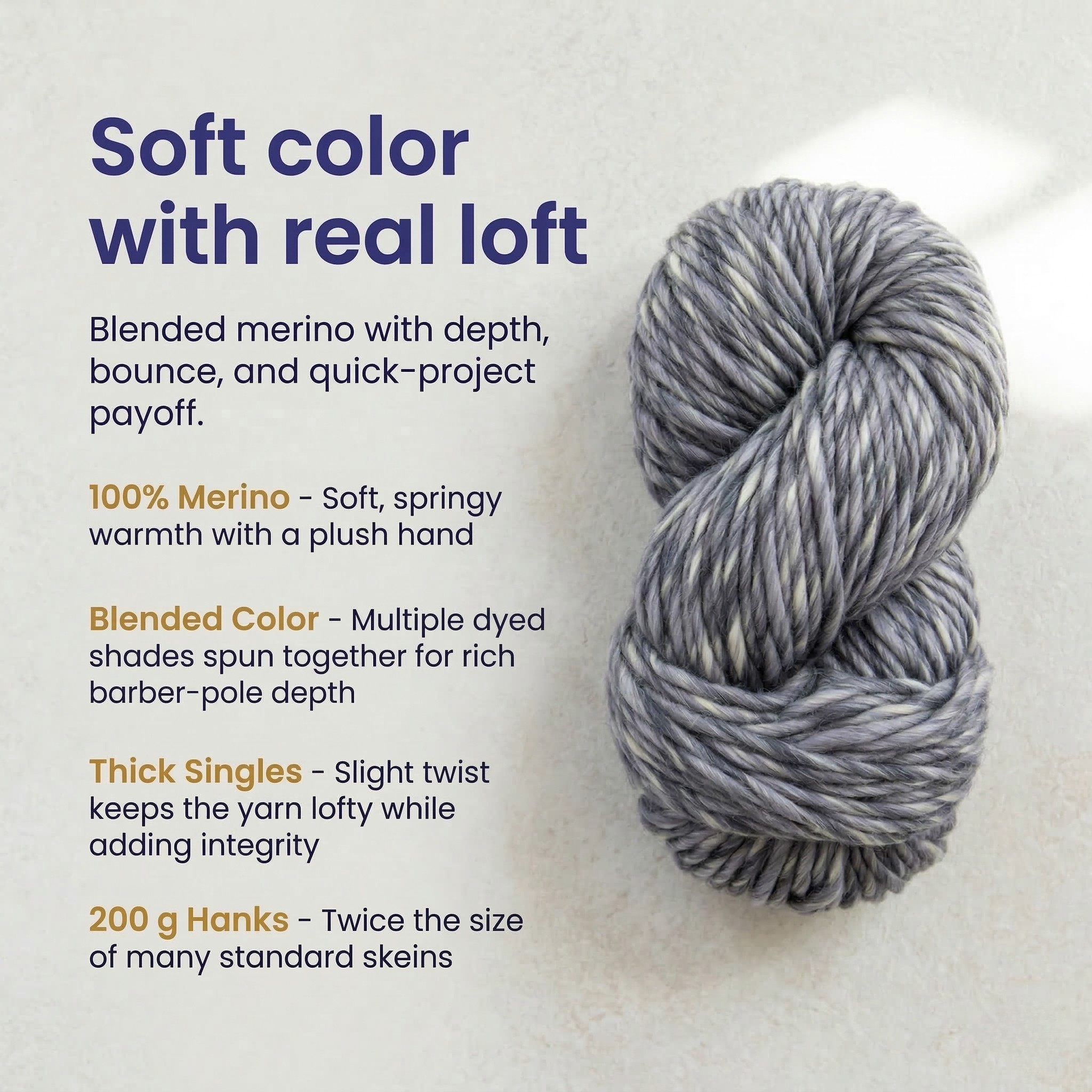 Infographic for super bulky multicolor merino wool yarn highlighting 100 percent merino, blended color, thick singles, and oversized 200 gram hanks.
