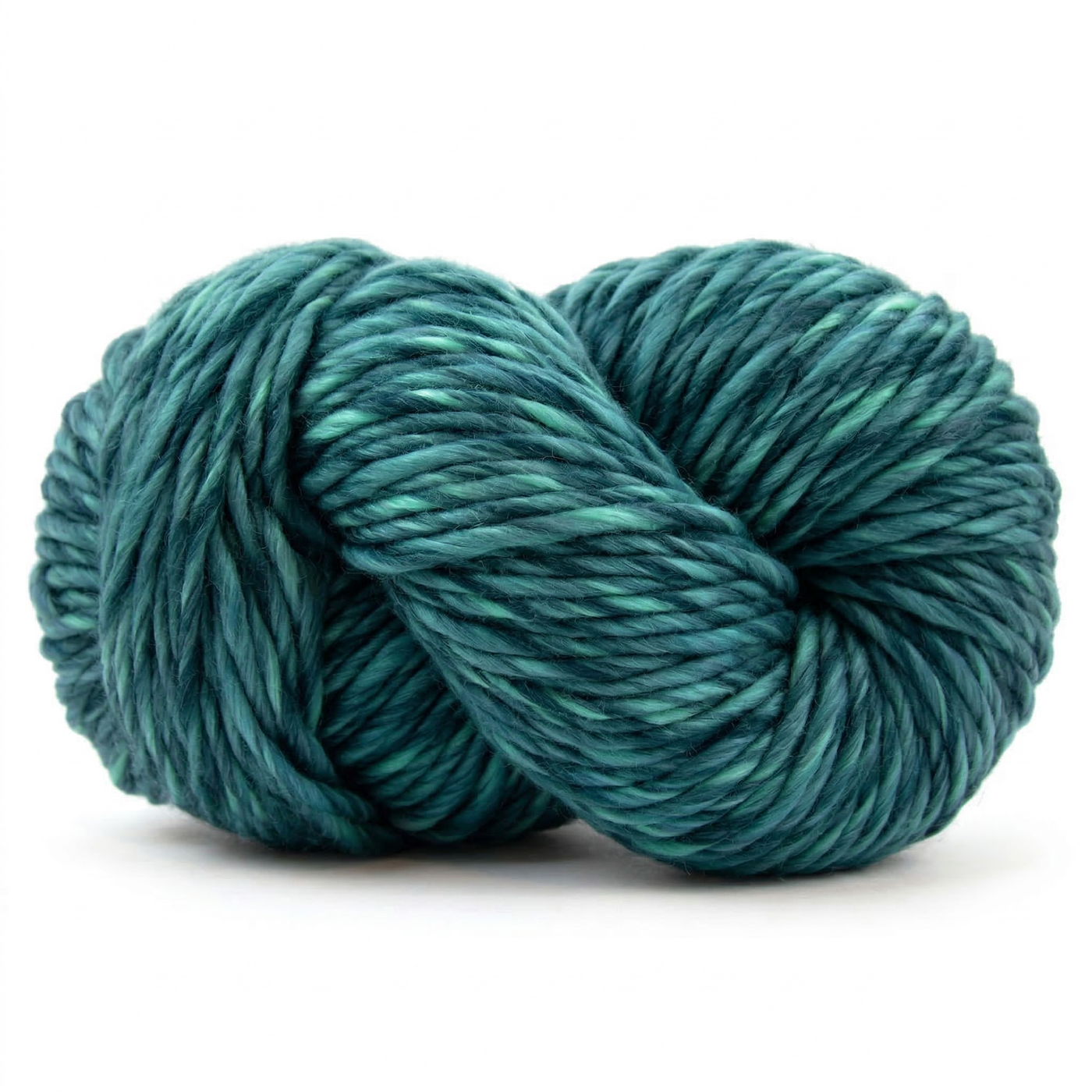 Harmony Green super bulky multicolor merino wool yarn skein in a soft twisted pose on a light neutral background.