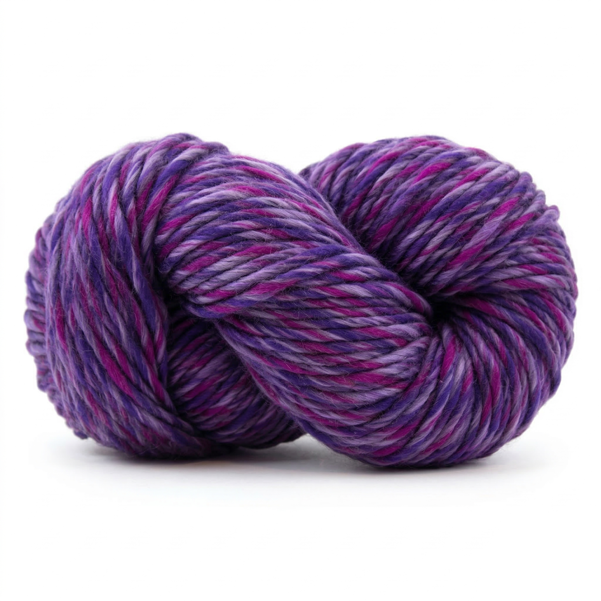 Heavenly Purple super bulky multicolor merino wool yarn skein in a soft twisted pose on a light neutral background.