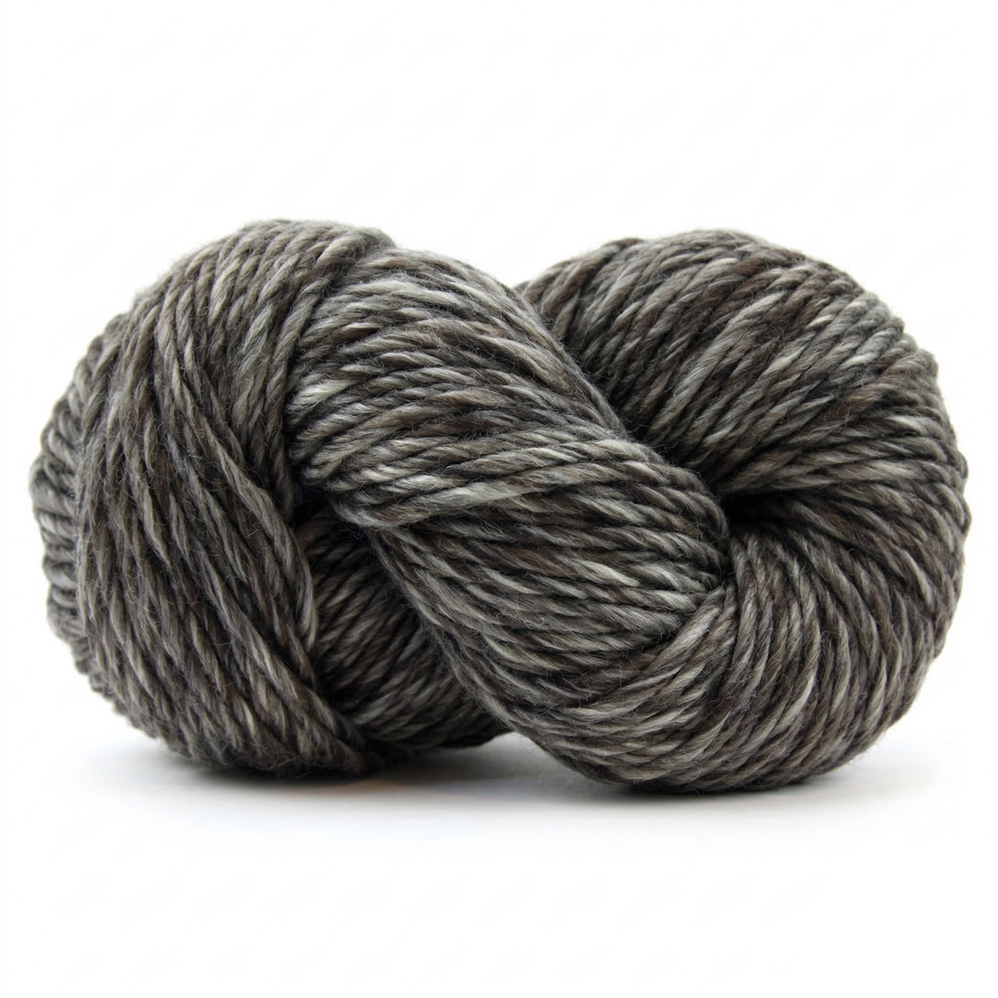 Humbuggier Gray super bulky multicolor merino wool yarn skein in a soft twisted pose on a light neutral background.