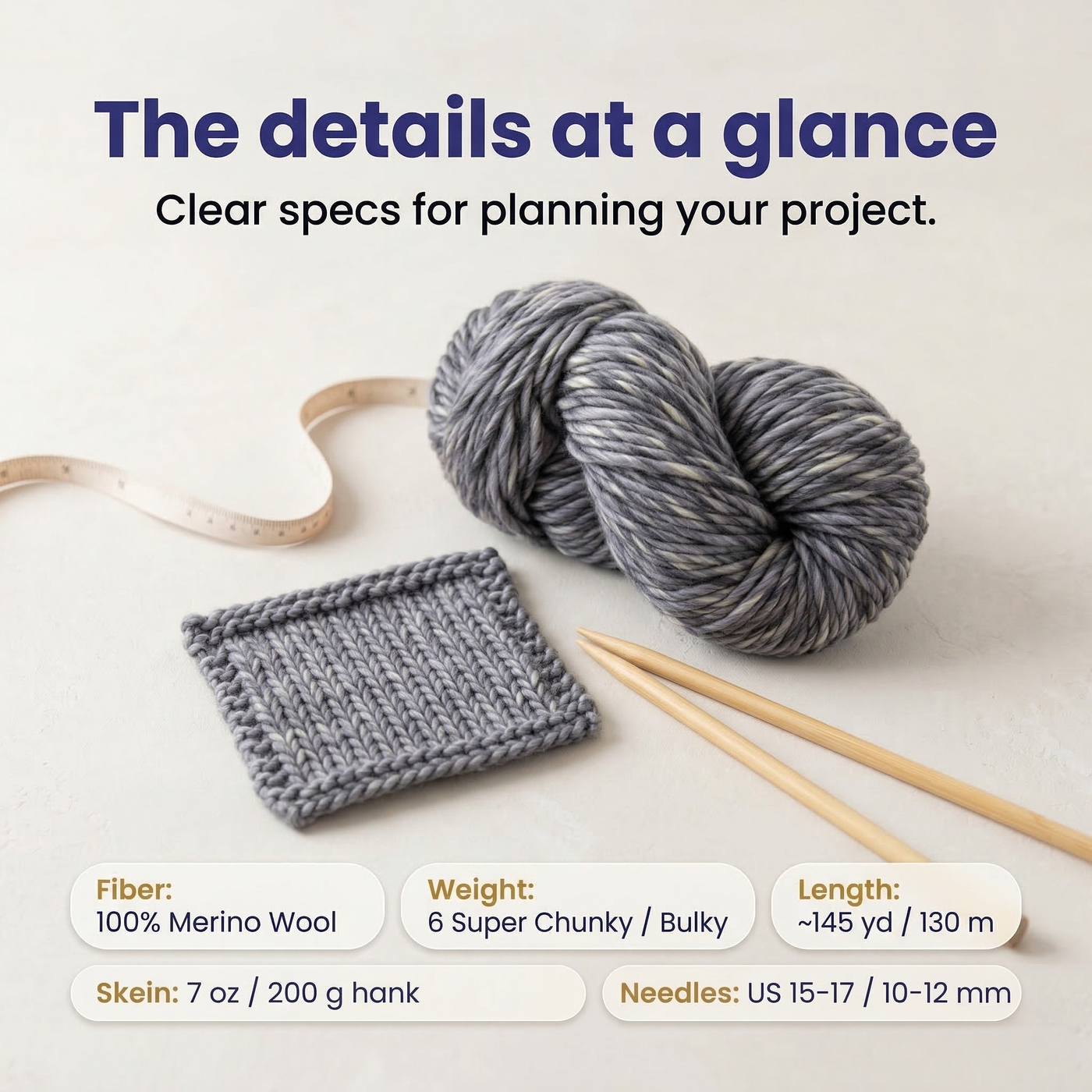 Specs infographic for super bulky multicolor merino wool yarn with fiber content, yarn weight, length, hank size, and suggested needle size.