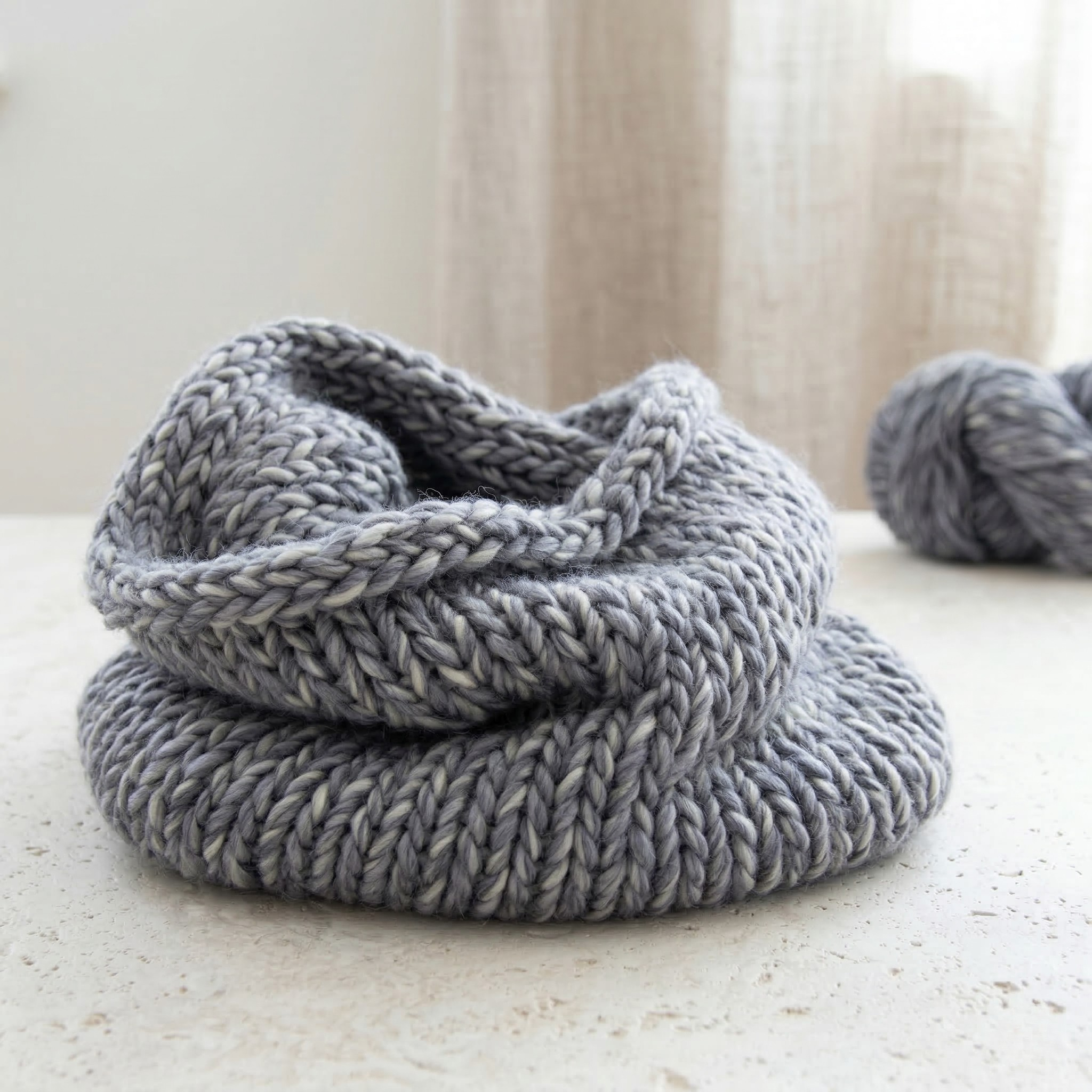 Finished chunky Tempest Gray knit cowl made with super bulky multicolor merino wool yarn on a soft neutral surface.