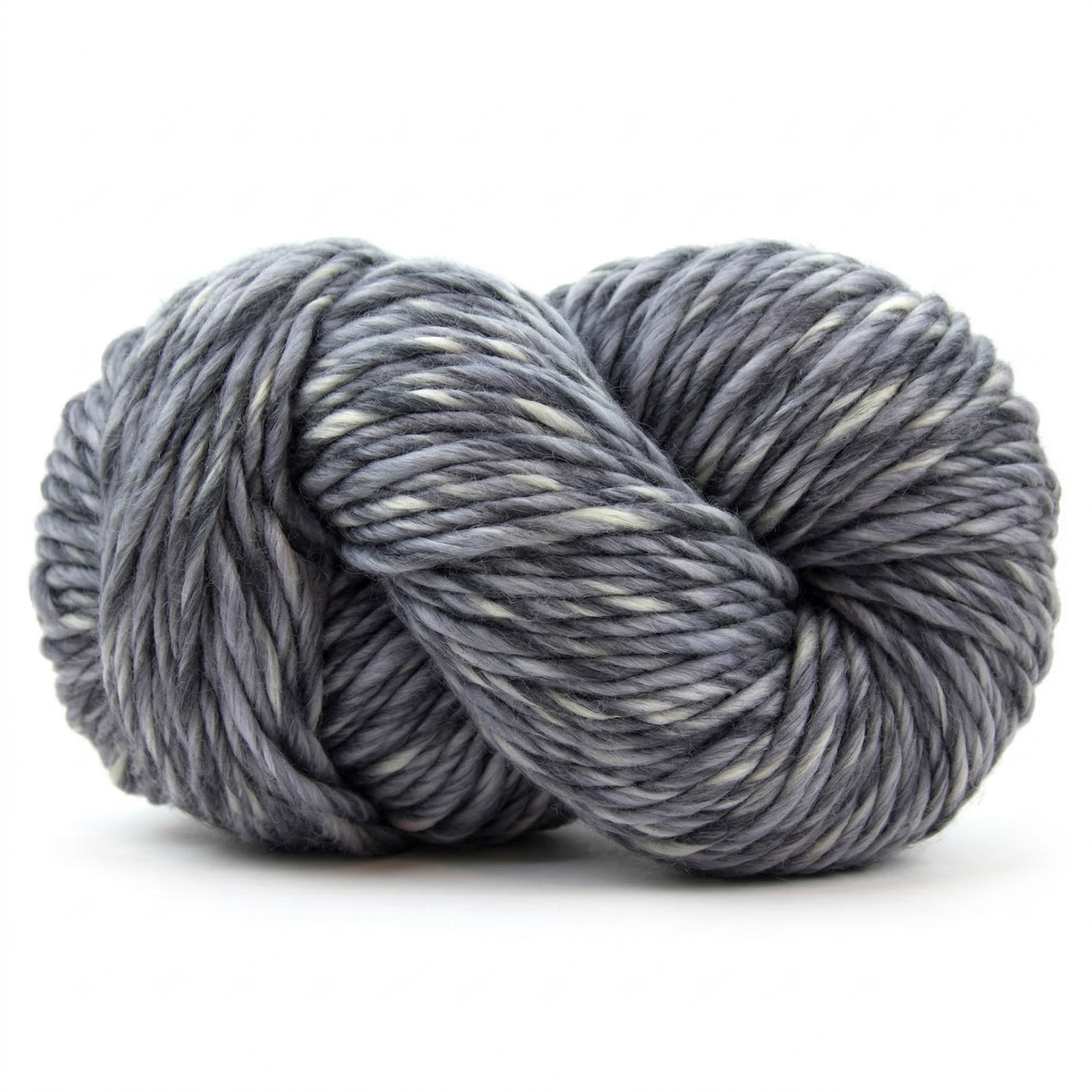 Tempest Gray super bulky multicolor merino wool yarn skein in a soft twisted pose on a light neutral background.