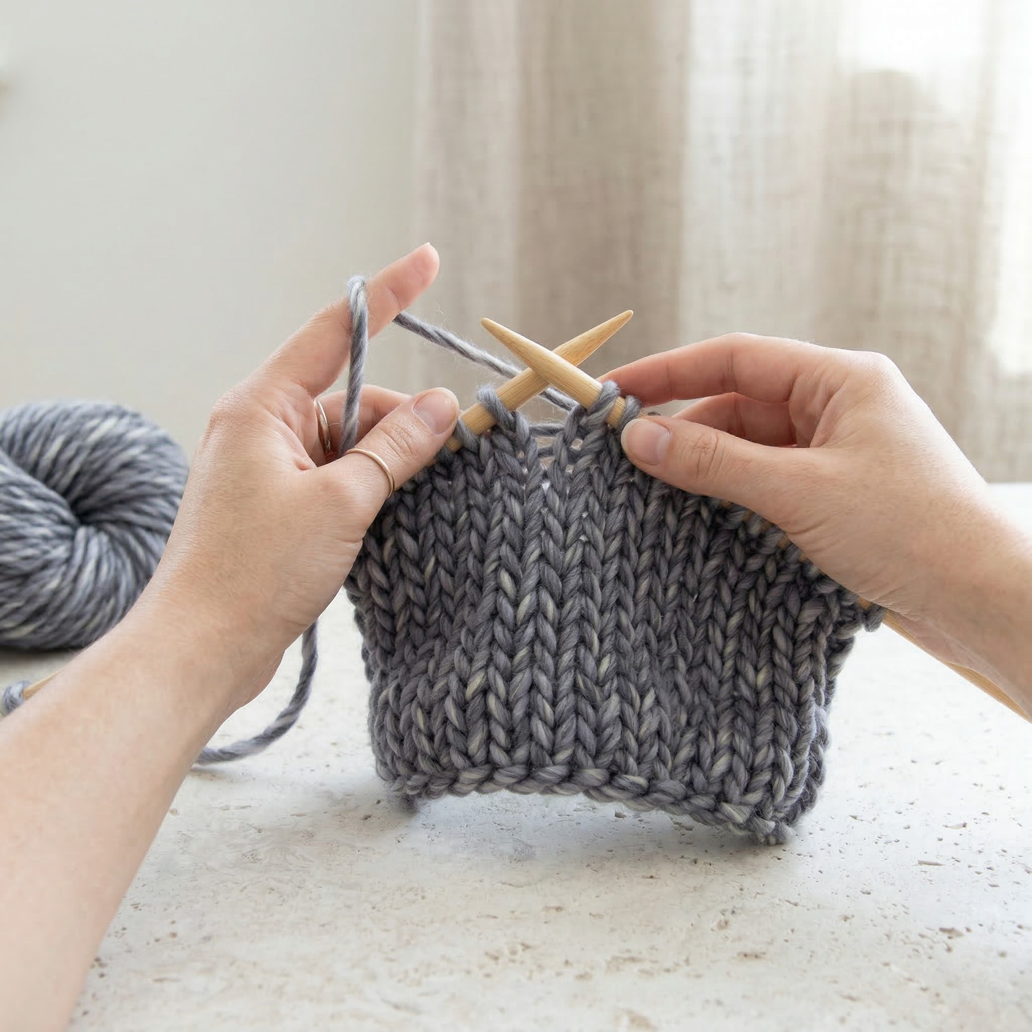 Hands knitting a Tempest Gray swatch with wooden needles using super bulky multicolor merino wool yarn.